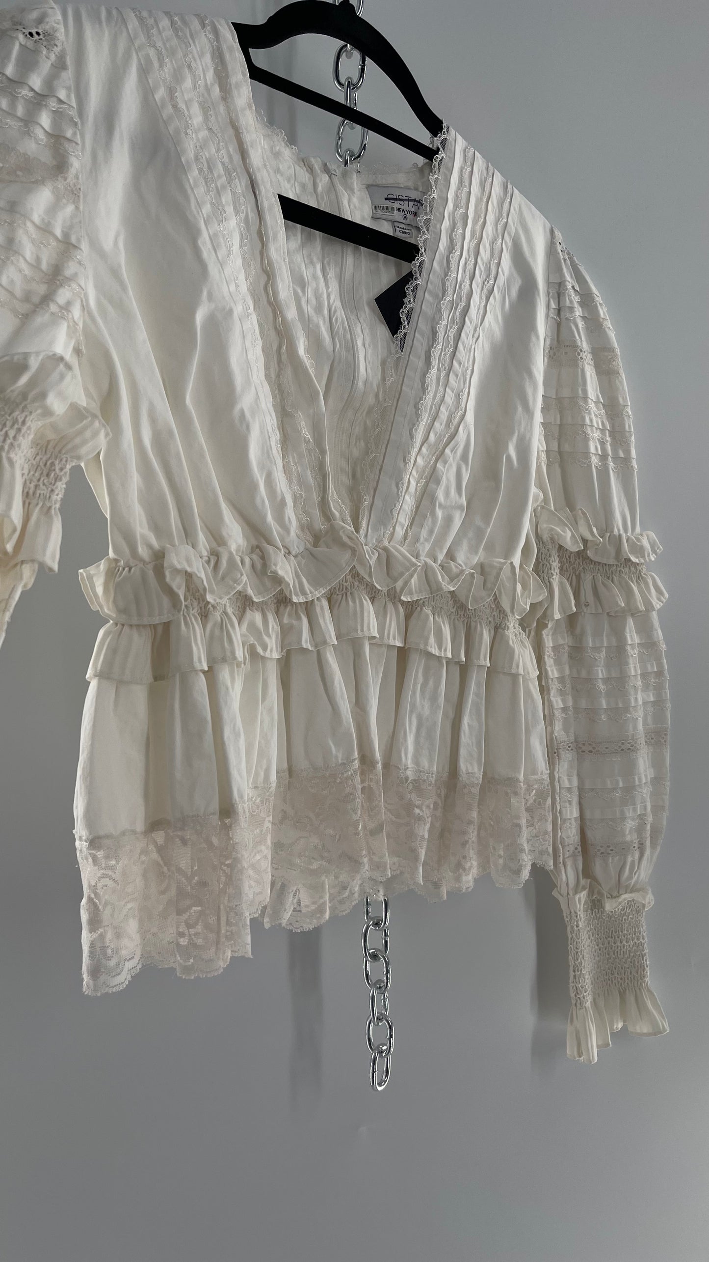 CISTAR NEW YORK White Balloon Sleeve Blouse Adorned in Delicate Ruffled and Lace (Medium)