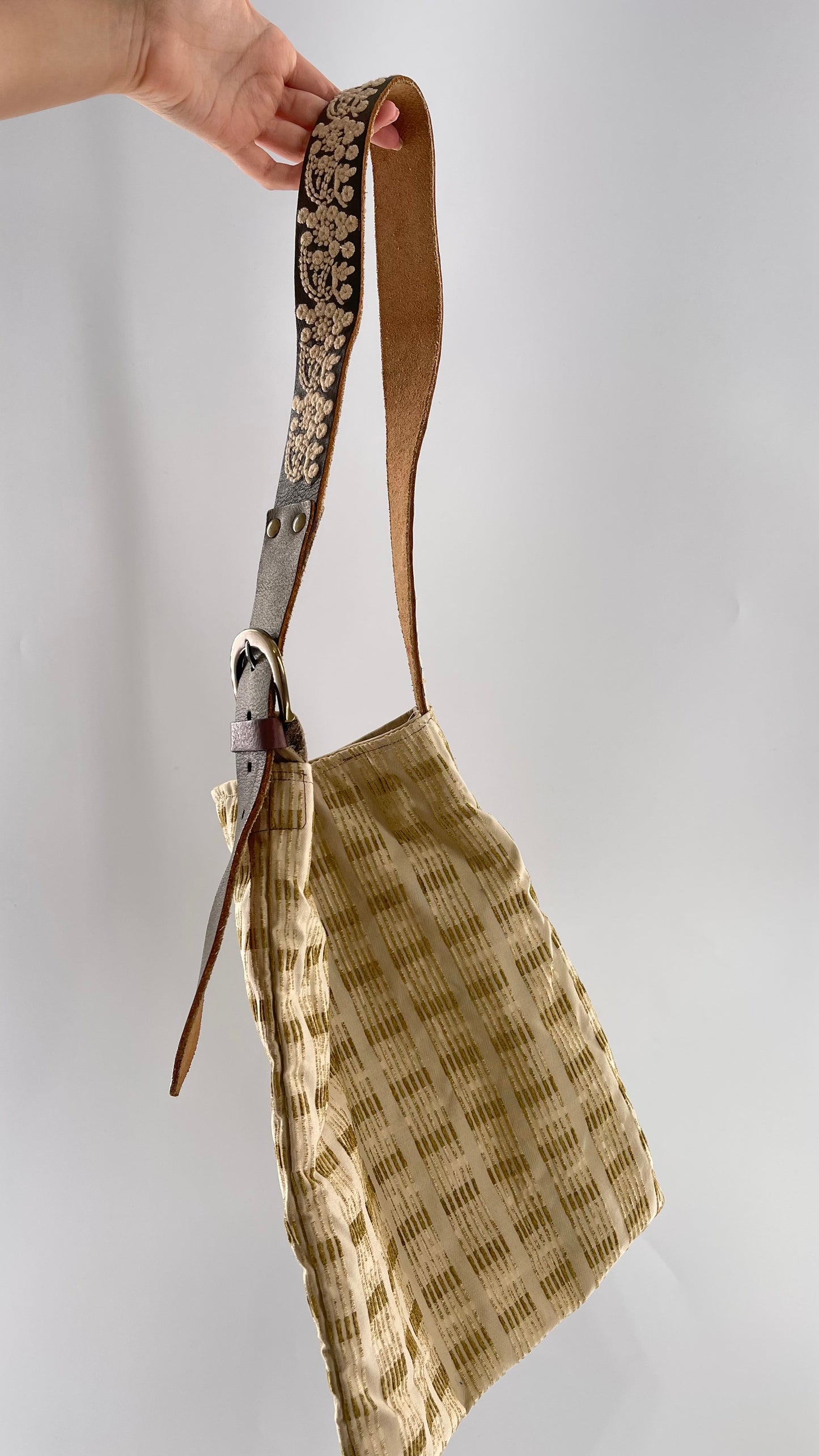 Tote with Embroidered Gold Exterior, Embroidered Leather Strap and Leather Interior - Shown Reversed
