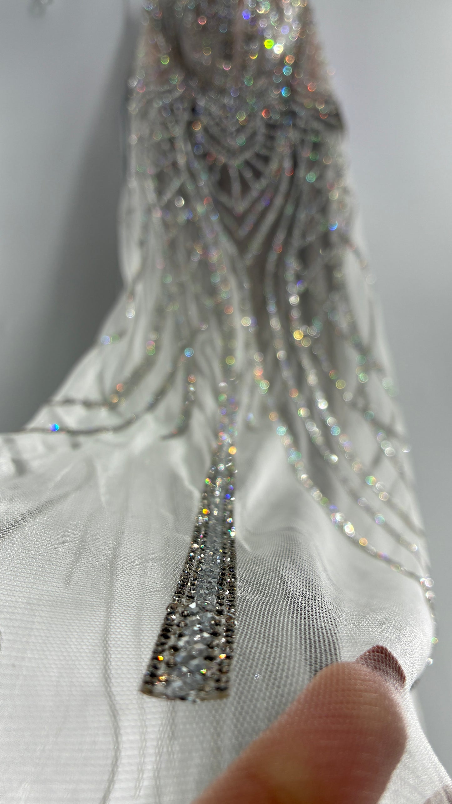 NWT LADIVINE by Cinderella Divine Silver Nude CC6018 Mermaid Corseted Gown with Multiple Layers of Tulle, Covered in Crystal Strips (16)