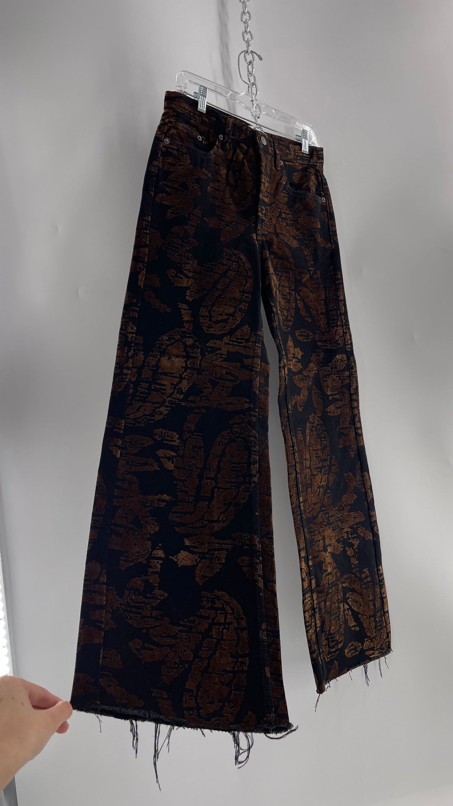 Free People Black/Brown Velvet Texture Graphic Straight Legs with Raw Edge Hem and Tags Attached (28)