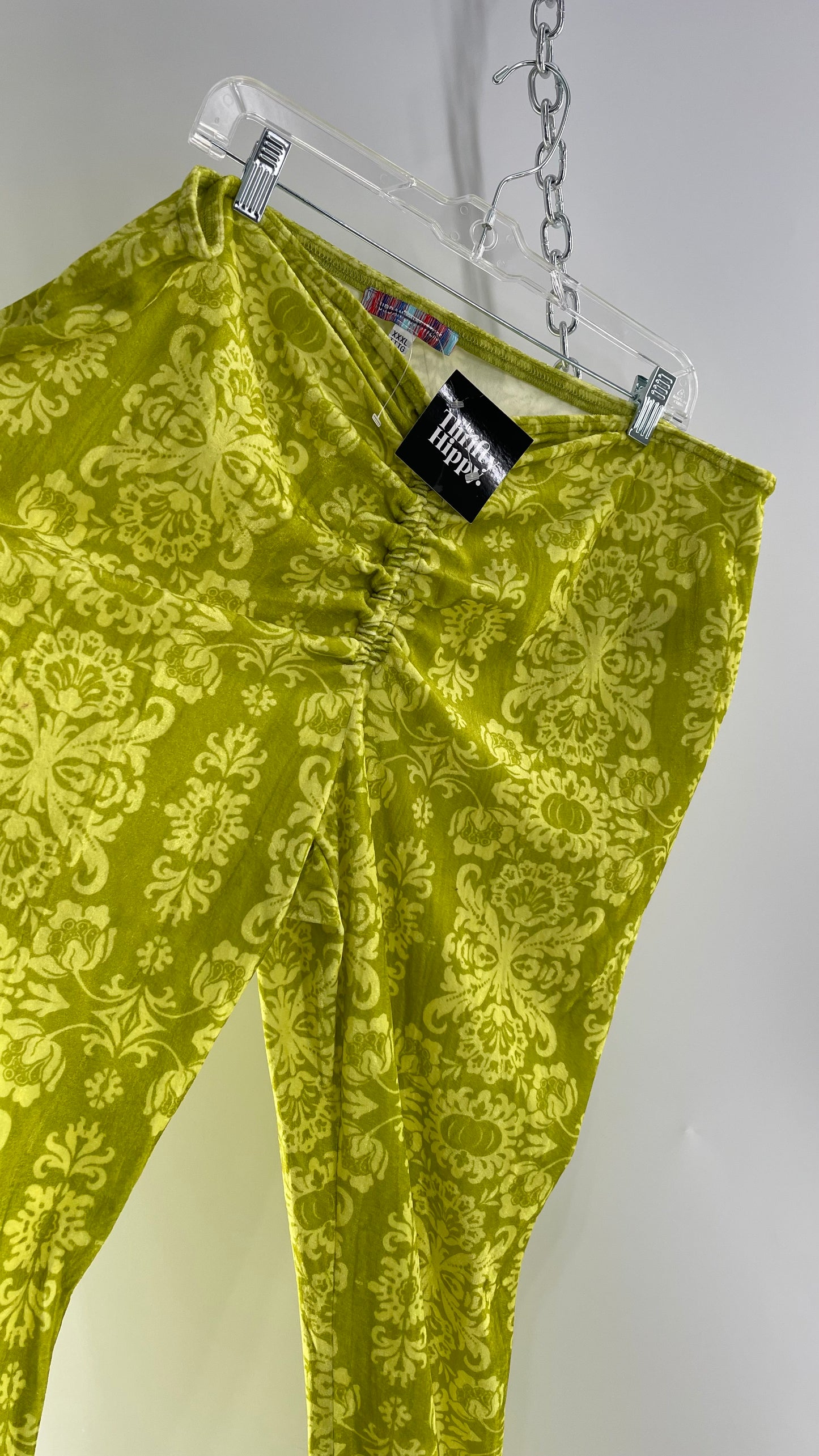 Urban Outfitters Chartreuse Green/Yellow Velvet Lace Patterned Flares with Scrunch Front (XXL)