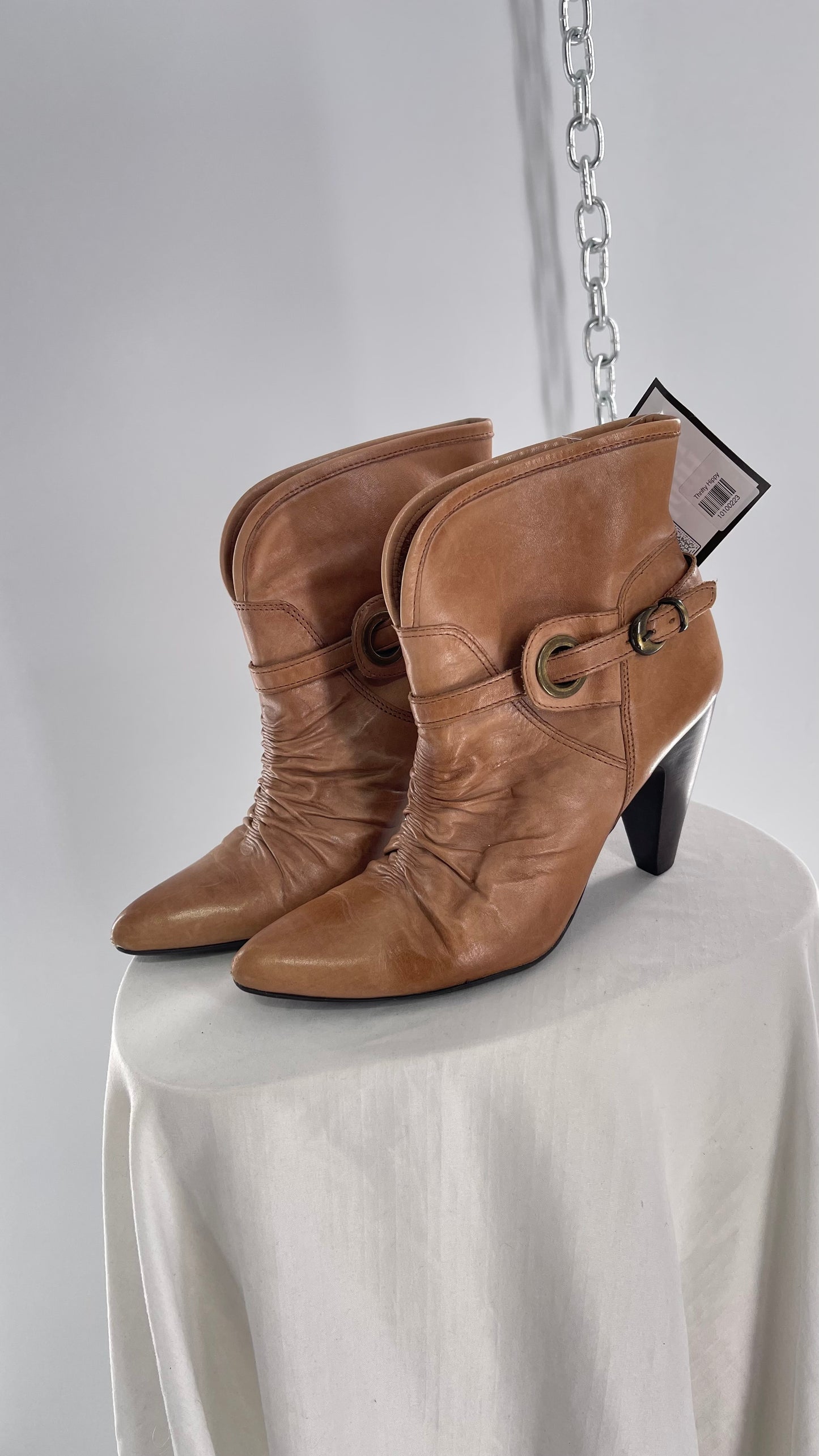 Vintage Pointed Toe Booties with Ruching and Belt Detail Made in Brazil