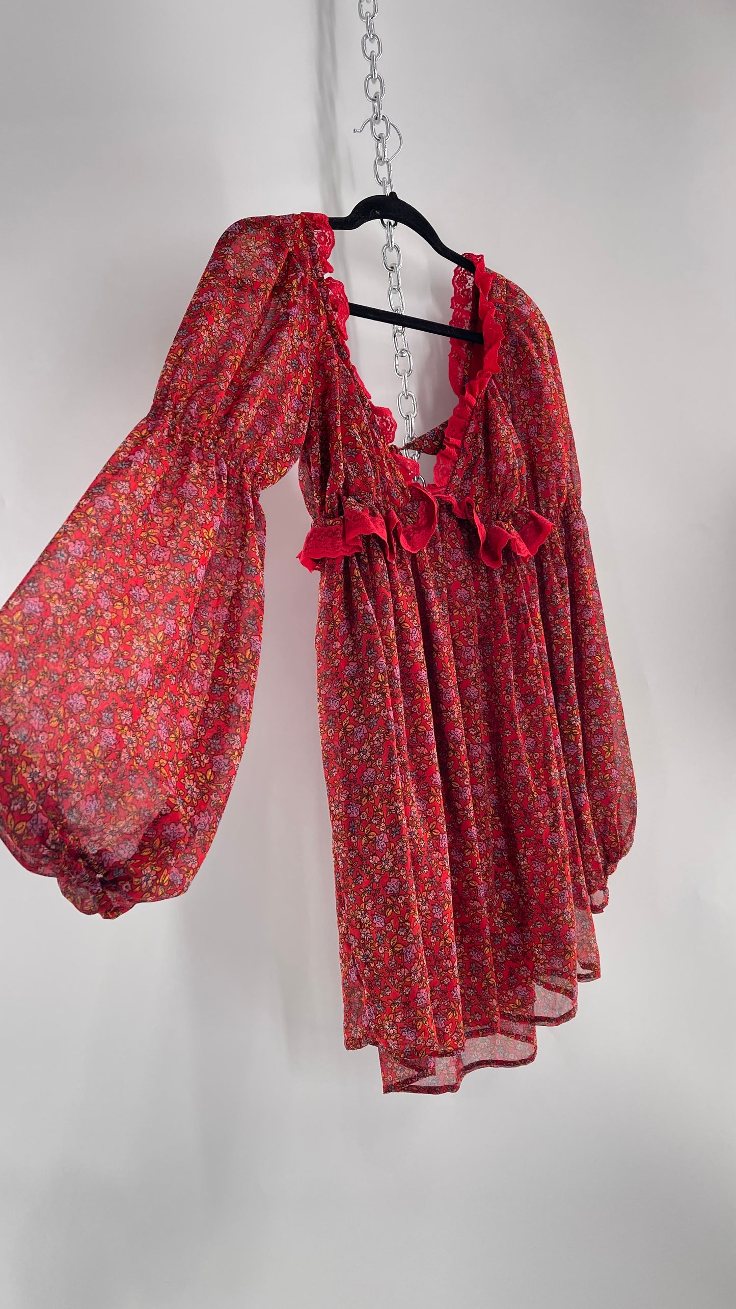 Free People Red Floral Mini Dress with Lace Trim, Open Back and Balloon Sleeves (Small)