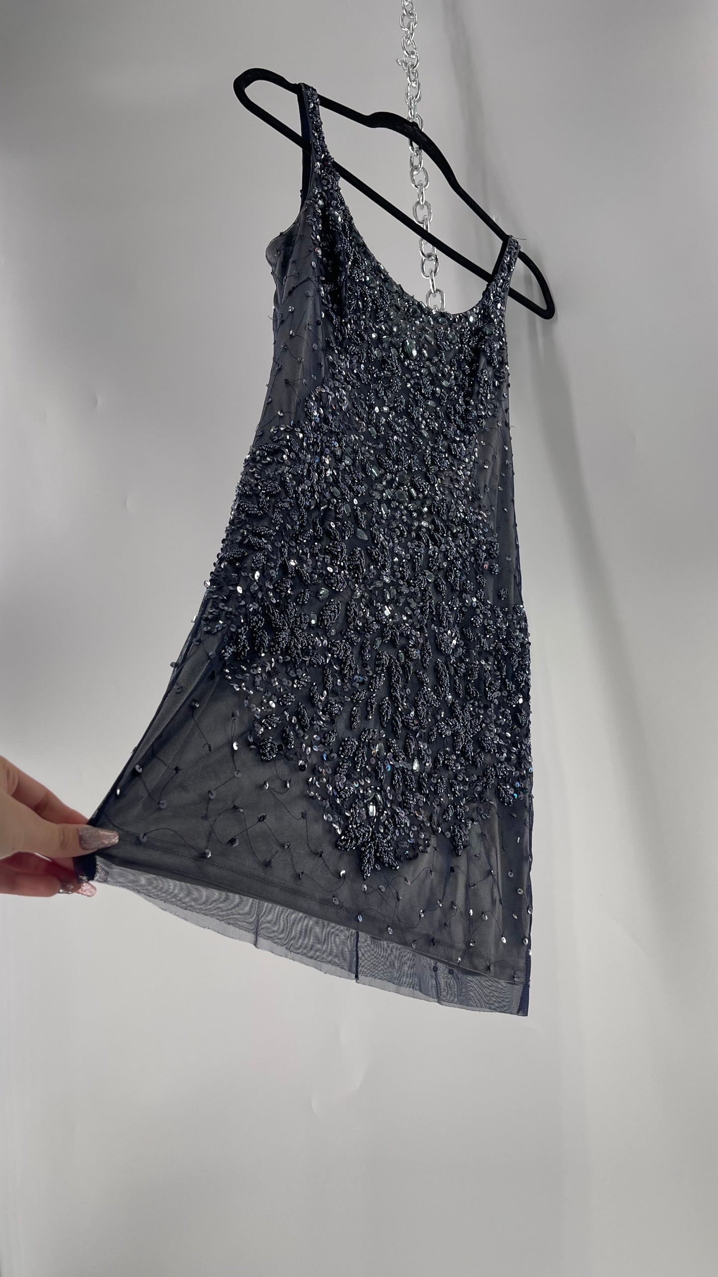 Vintage Cache Moonlight Grey/Navy Blue Tunic Mini Dress with Accentuating Placement of Beads, Sequins and Embroidery Details (2)