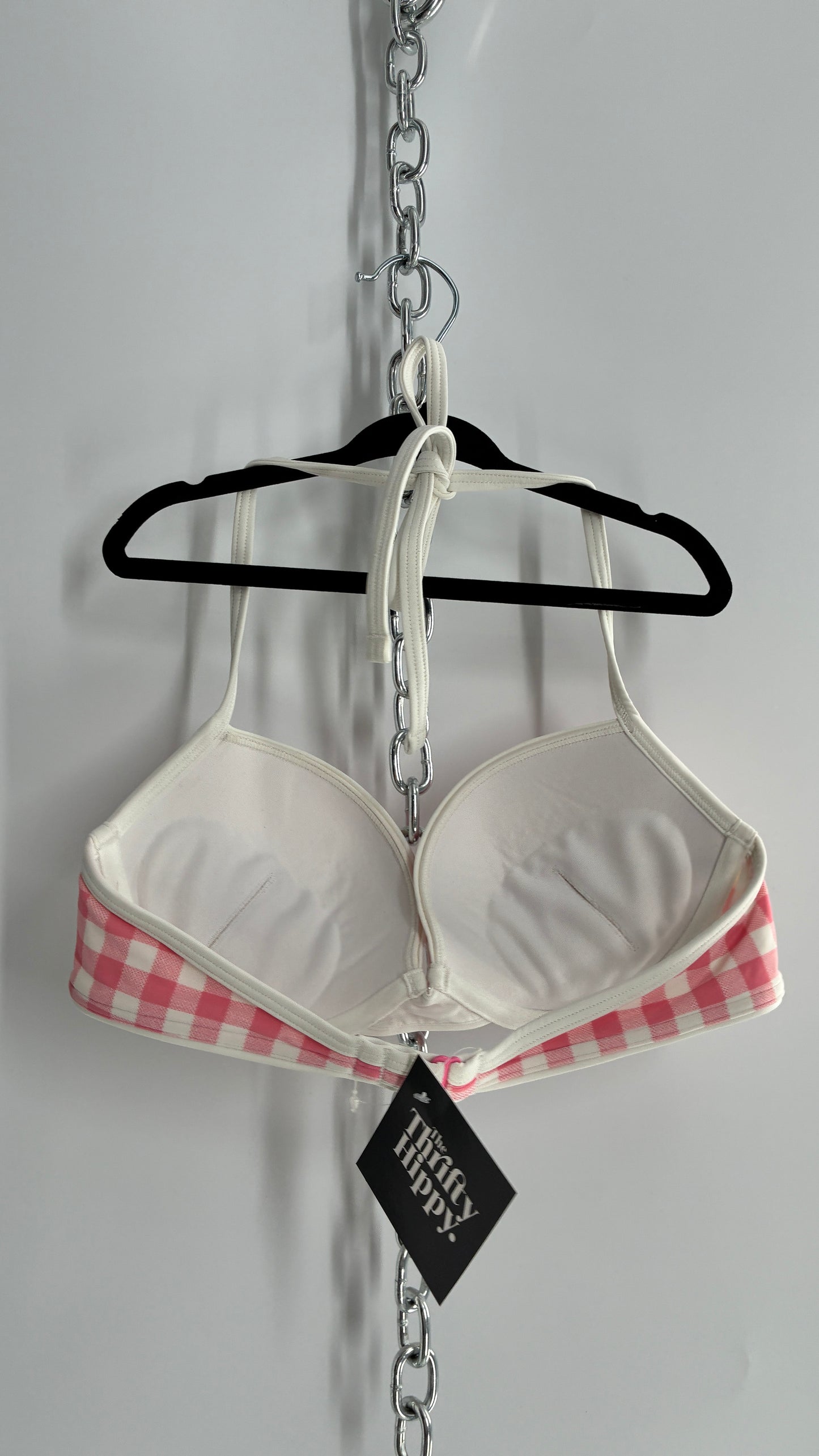AERIE White and Pink Gingham Underwire Halter Swim Top (32B)