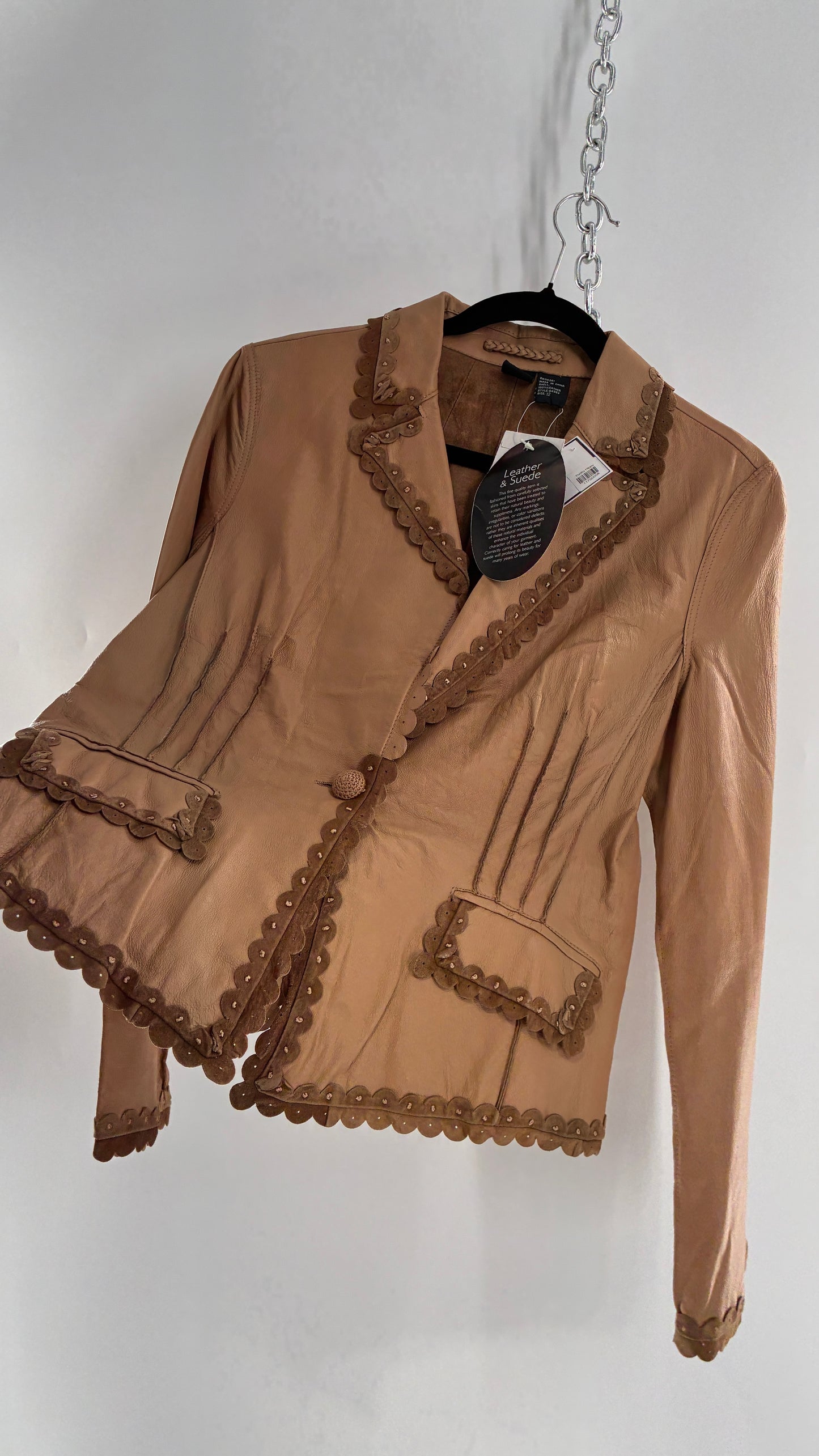 RARE Deadstock Vintage Cami Brown Thin Leather Jacket with Suede Scalloped Trim (12)