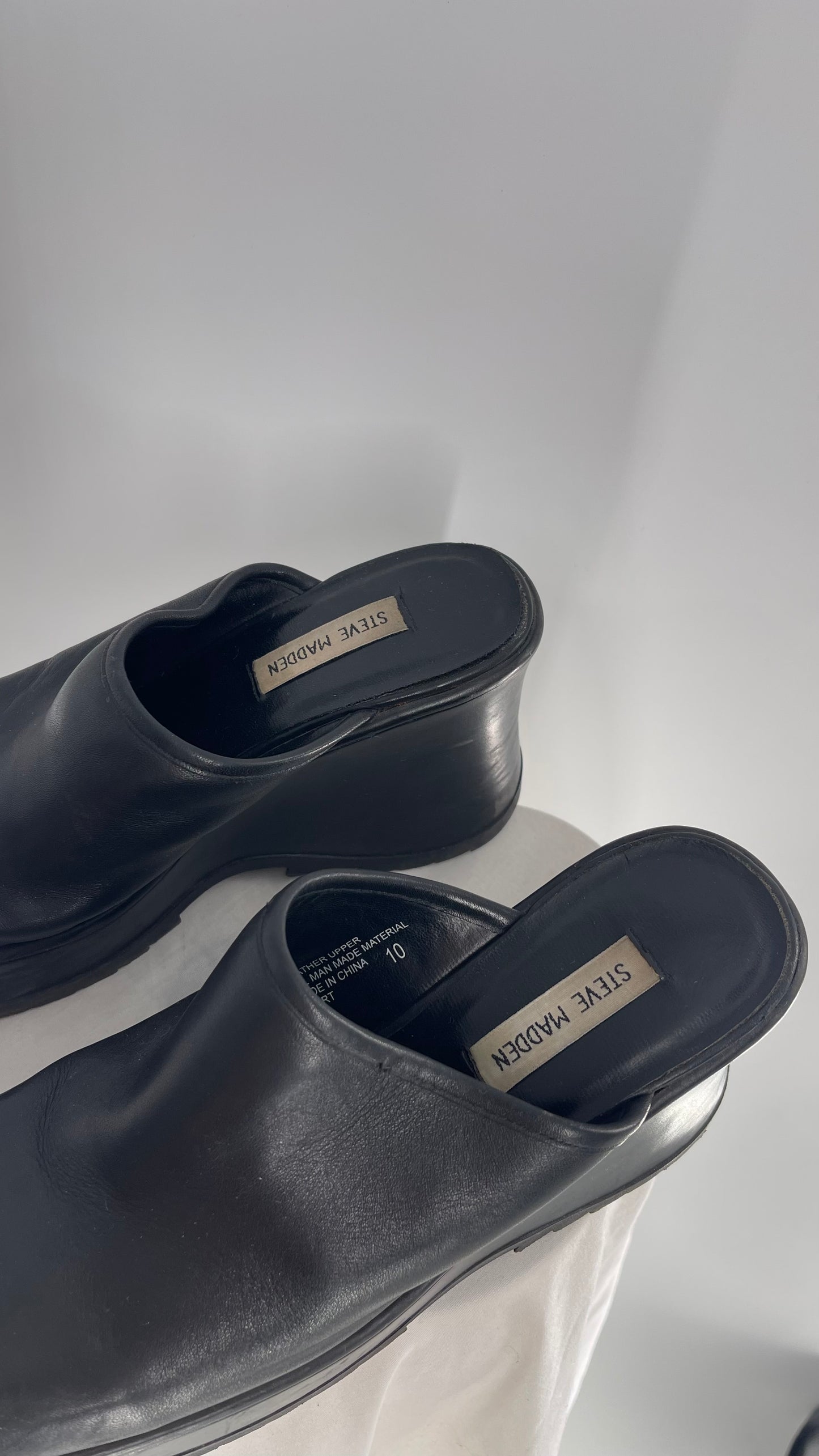 STEVE MADDEN Rare Black Leather Chunky Platform Wedge Clog (10)