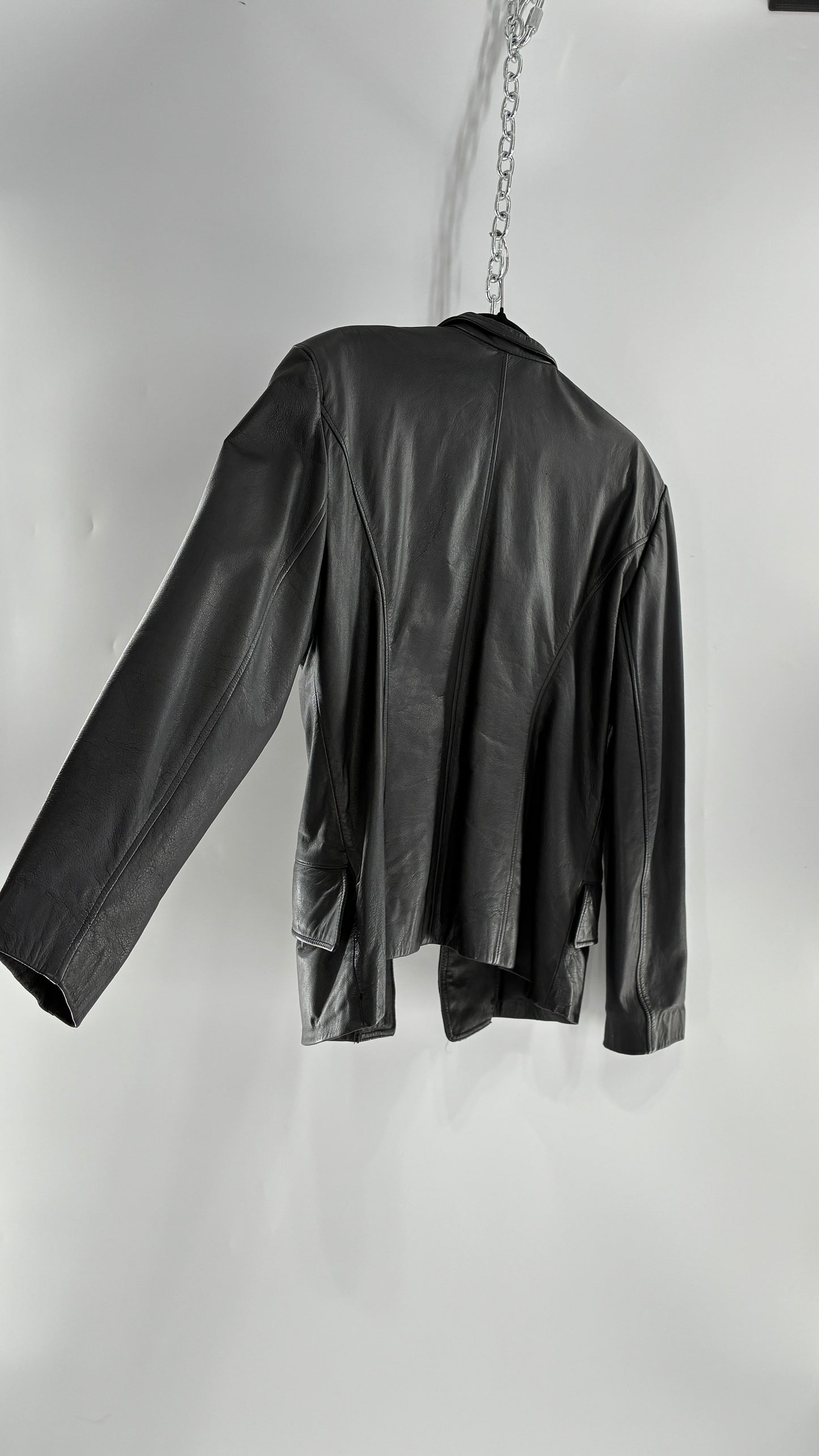 Vintage Virginia Slims Black Genuine Leather Military Jacket with Double Breasted Embossed Buttons (Large)