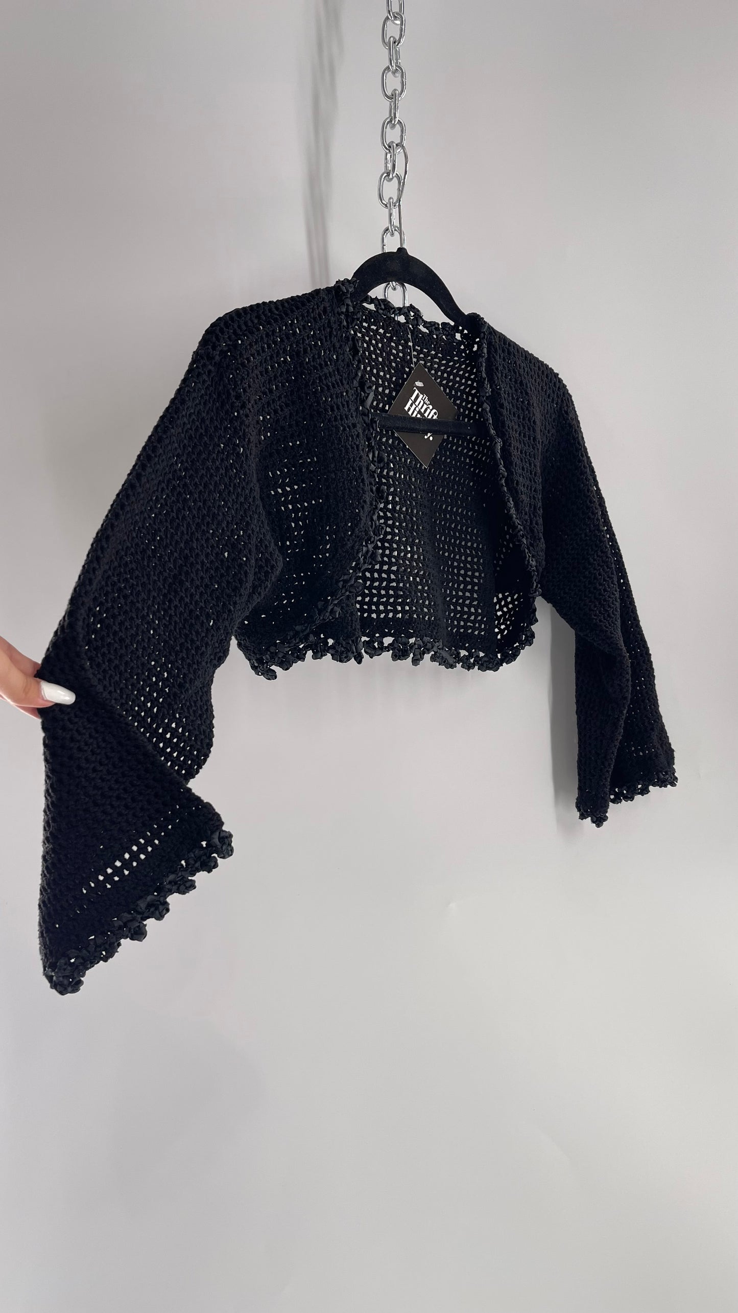 Vintage Black Hand Knit Crochet Shrug with Ribbon Detailing (Medium)