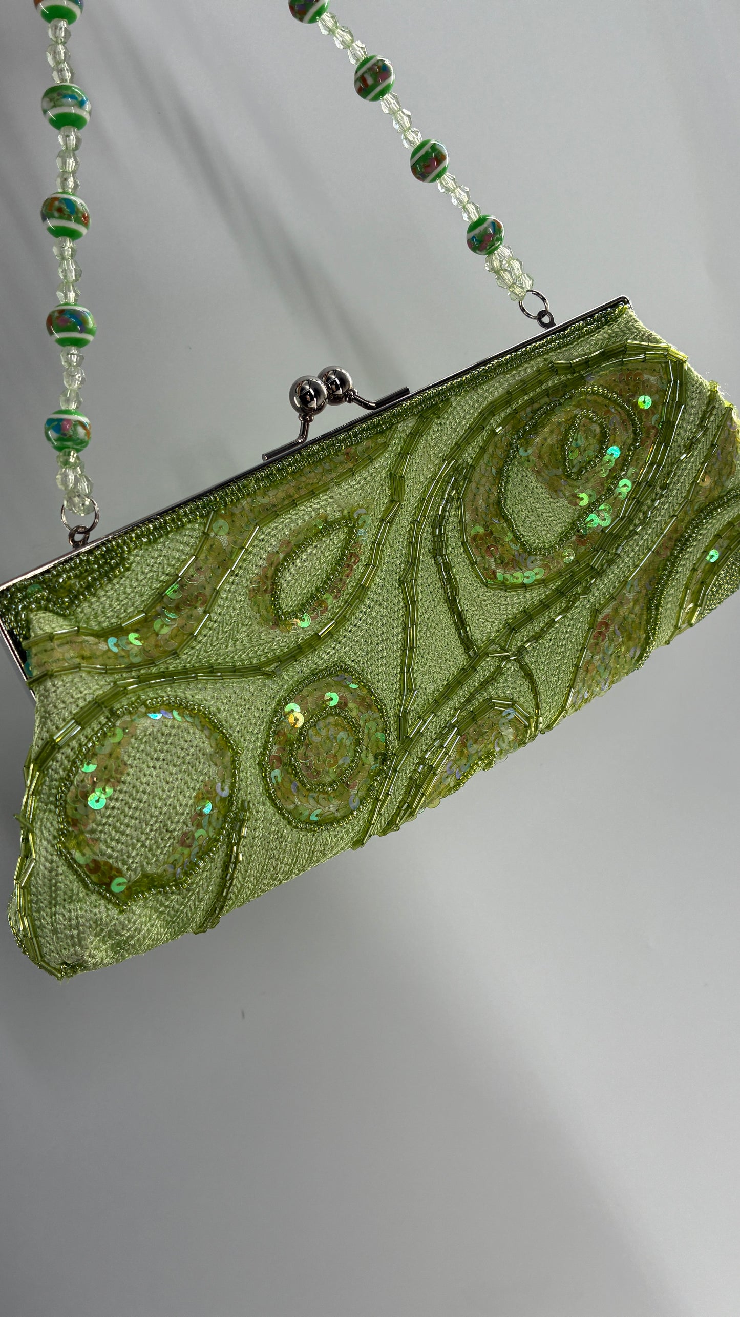 Vintage 1990s Light Green Knit Shoulder Purse with Sequins and Beaded Details