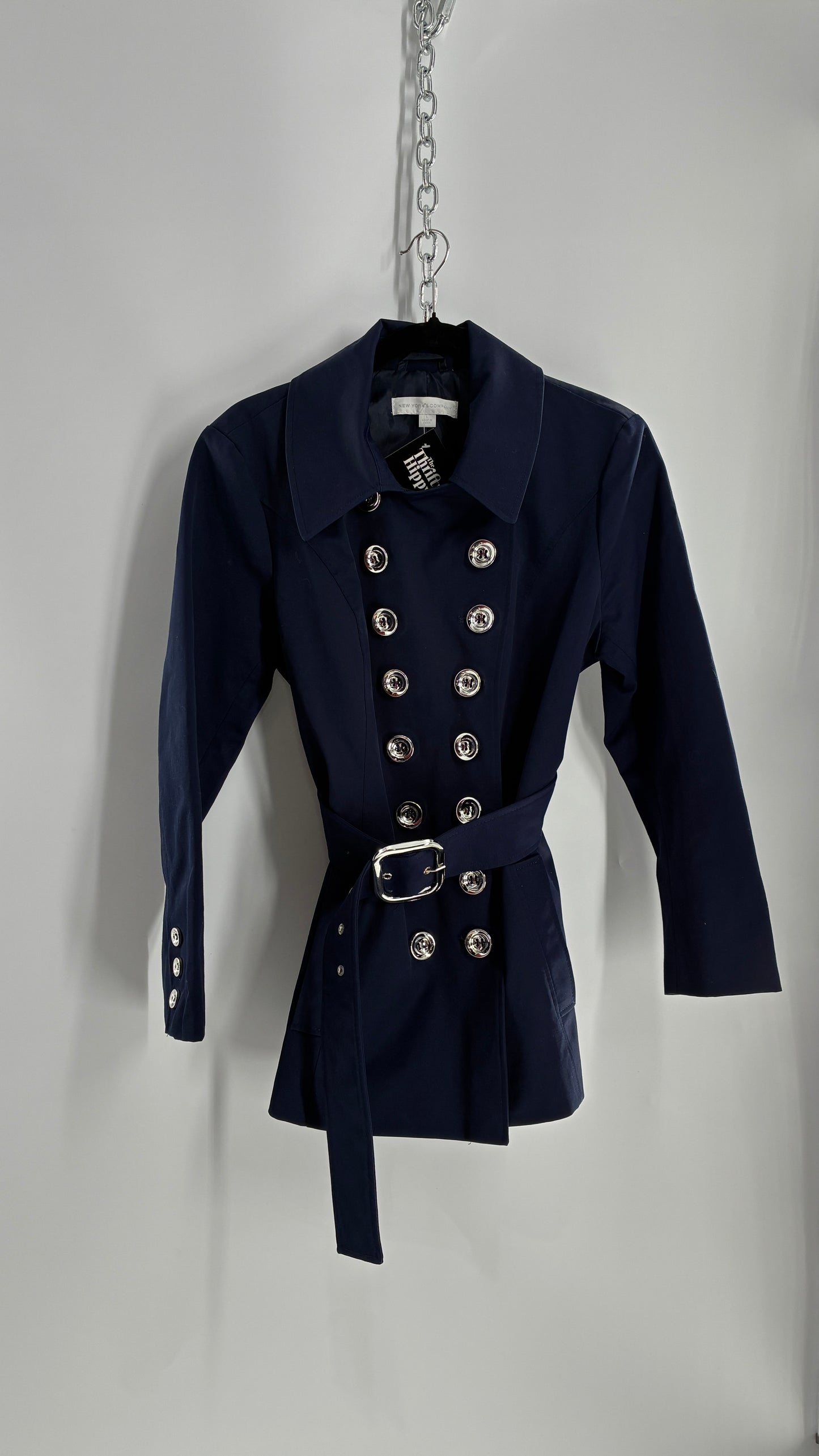 New York & Company Deep Navy Coat with Double Breasted Silver Buttons and Oversized Silver Buckle (Large)