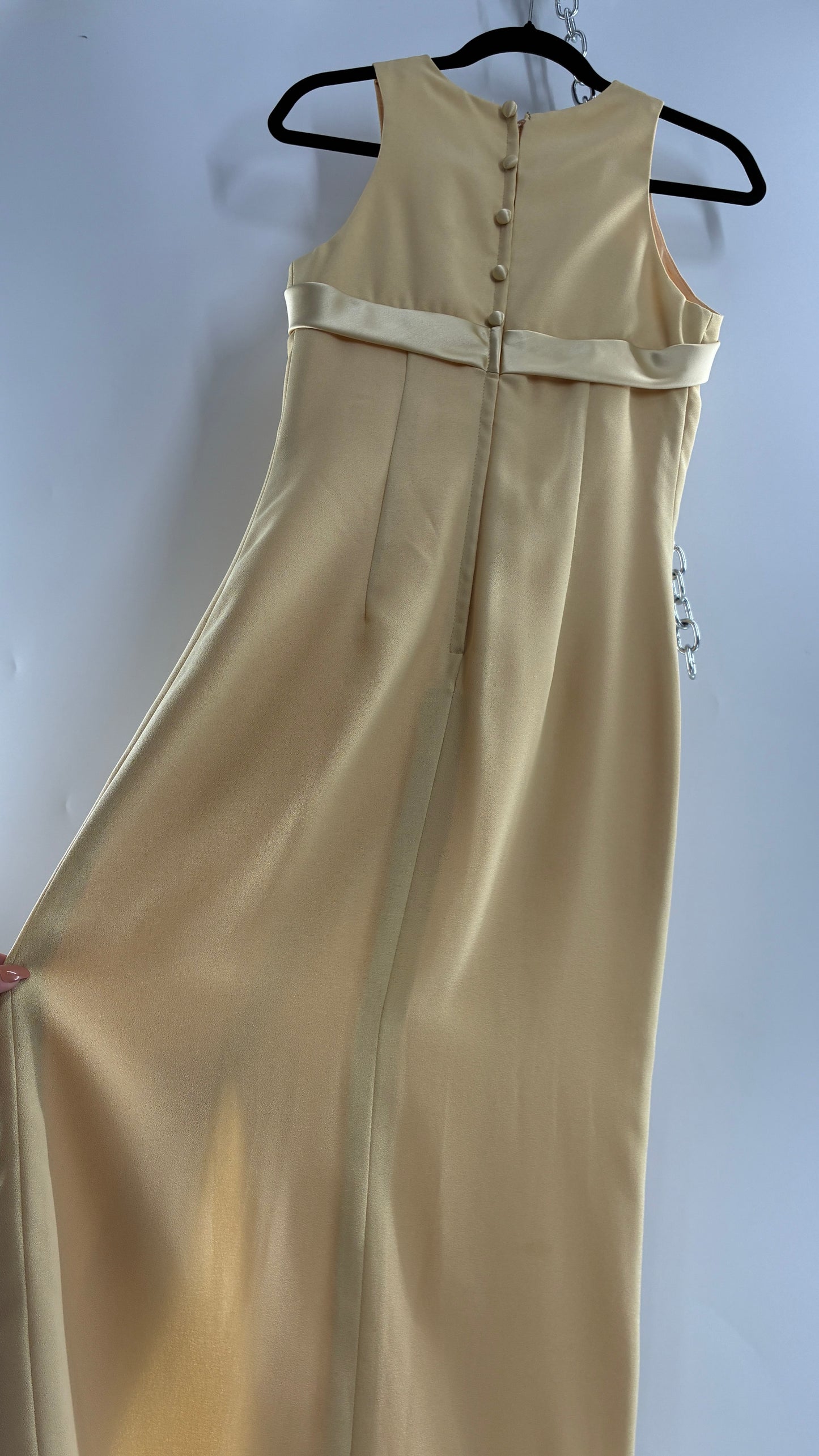Vintage ALYCE’S Baby Yellow High Neck Satin Bow Bust, Side Slit, Button Back Gown (Measured)