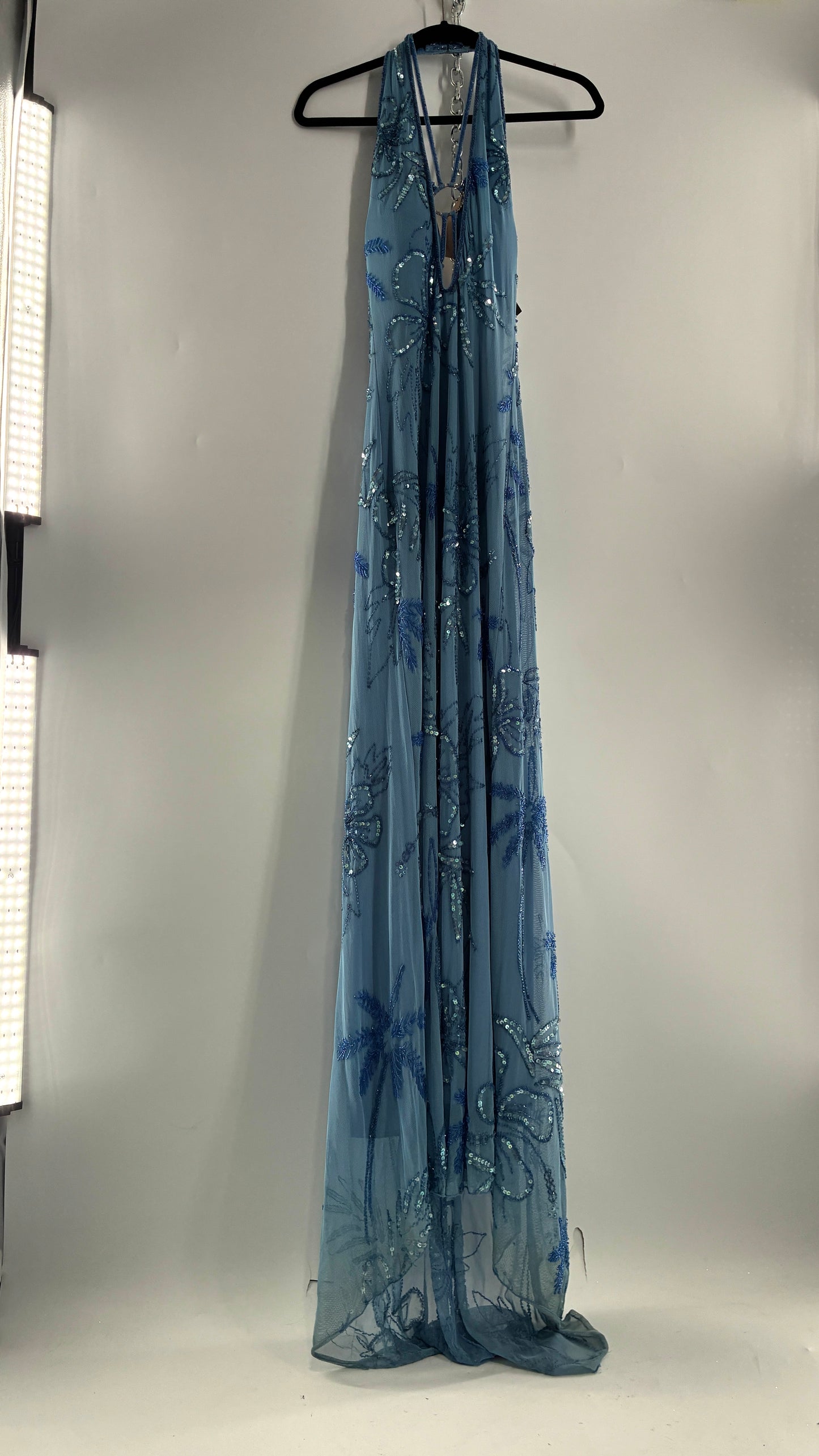 Vintage 1990s Powder Blue Gown Covered in Beaded Appliqué Tropical Designs with Strappy Bust and Low, Open Back (S/M, stretchy no size marked)
