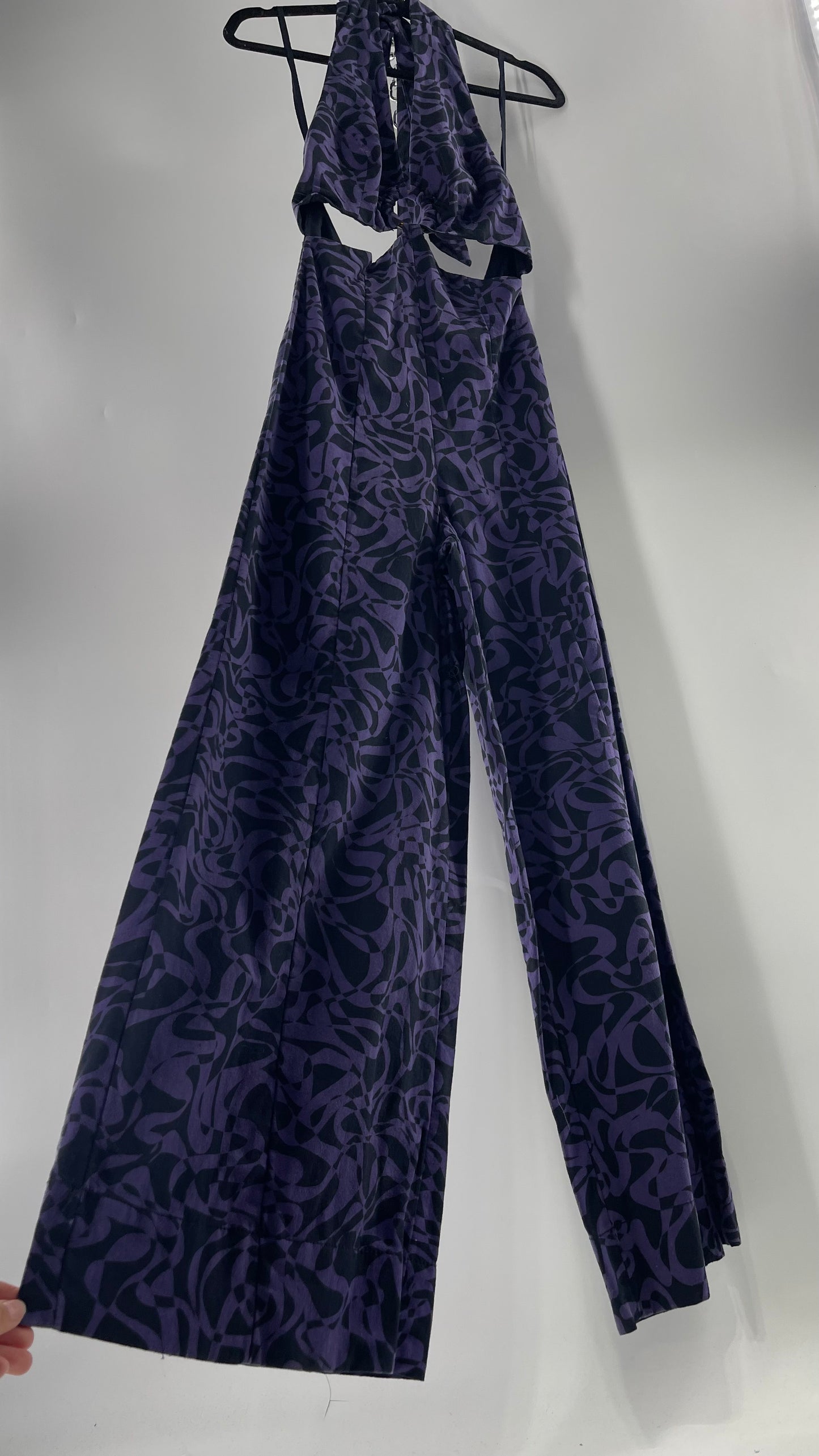 Free People Kira Retro Black and Purple Wide Leg Halter Jumpsuit with Tortoise Bust Loop (XS)
