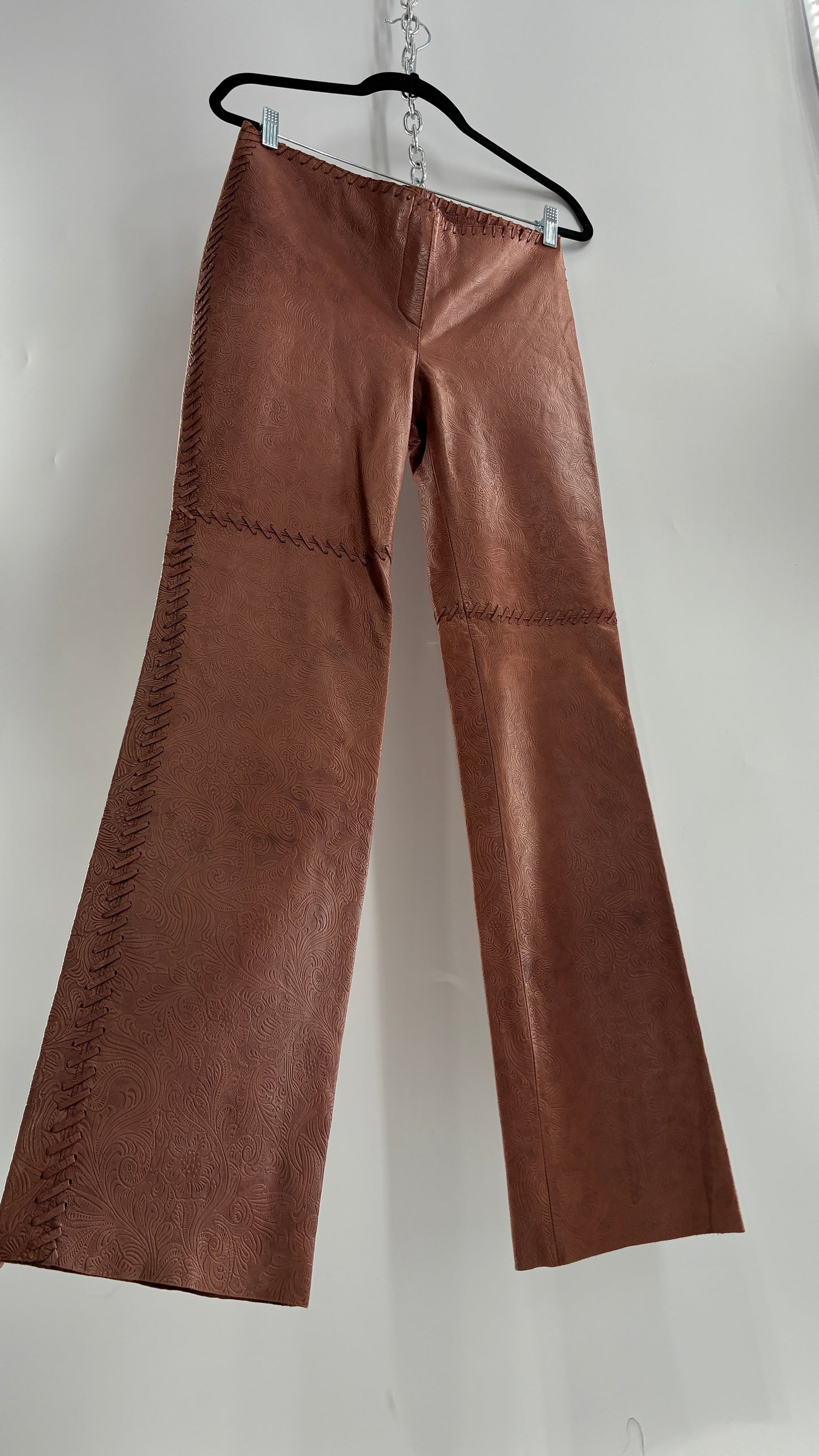 Vintage Embossed Paisley Patterned Genuine Leather Pants with Stitching Details (No Label Unbranded, S)