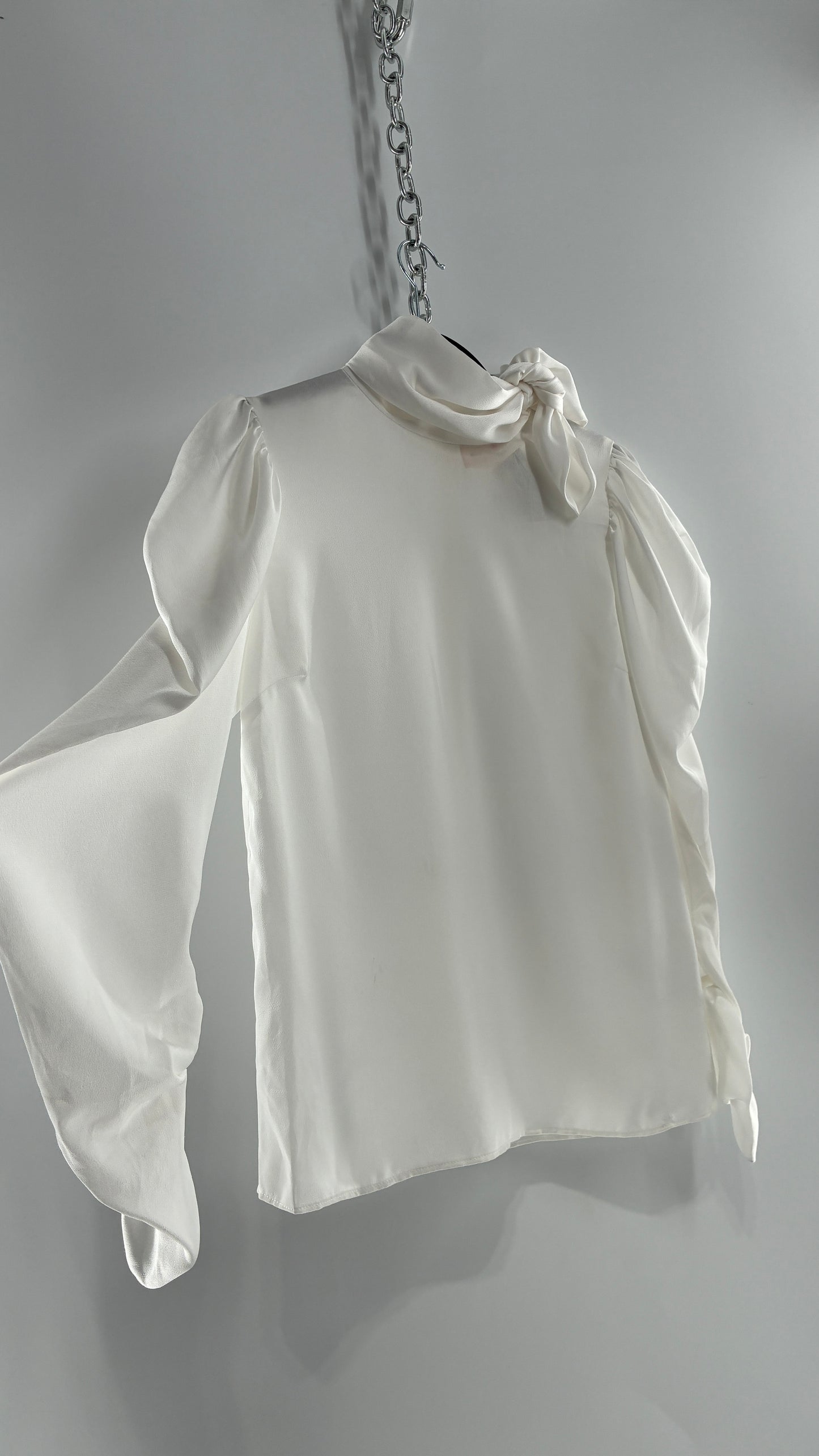 KEEPSAKE Anthropologie White Puff, Balloon Sleeve Blouse with Neck Tie Detail (XS)