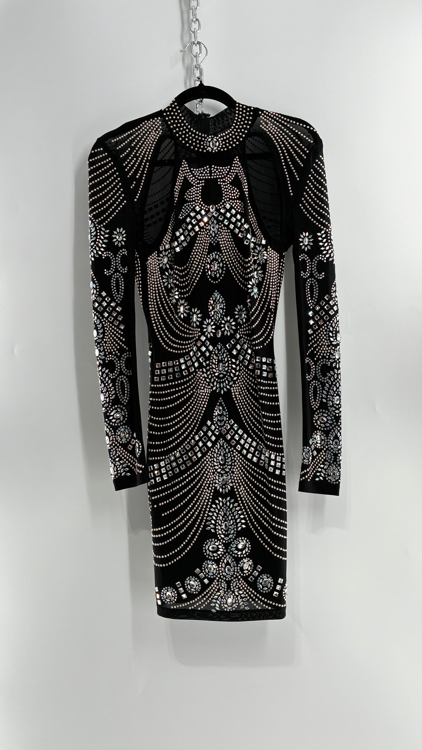 Black Bedazzled Mini Dress with Cut Out Details Covered in Gems (Small)