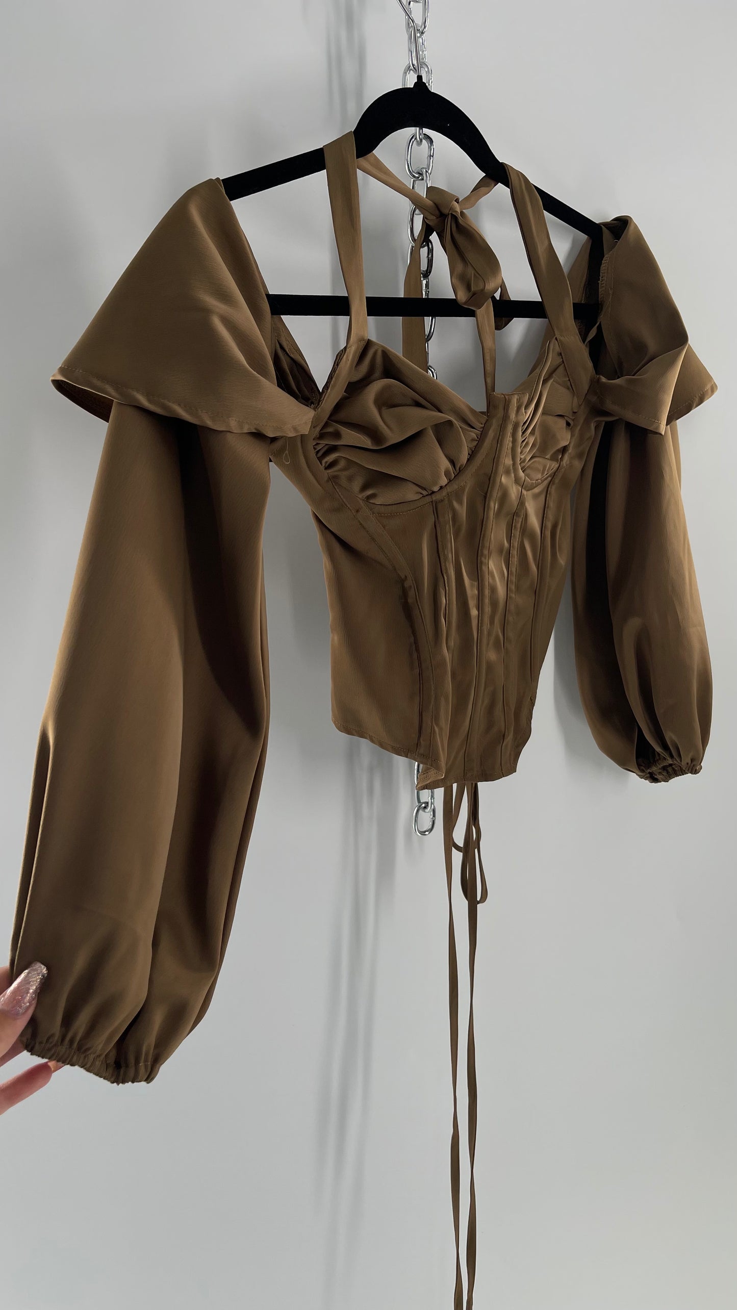 Pretty Little Thing Tan/Gold Corset Blouse with Draped Shoulders, Balloon Sleeves, Halter Strap and Lace Up Back (4)