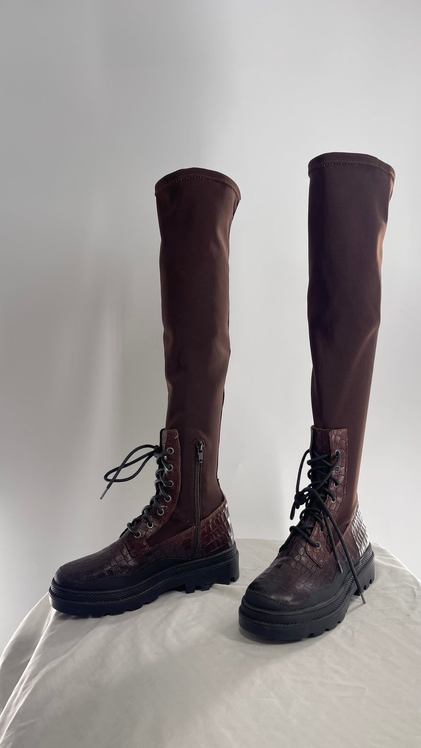 Free People Dark Brown Riding Style Embossed Knee High Platform Boots (37)