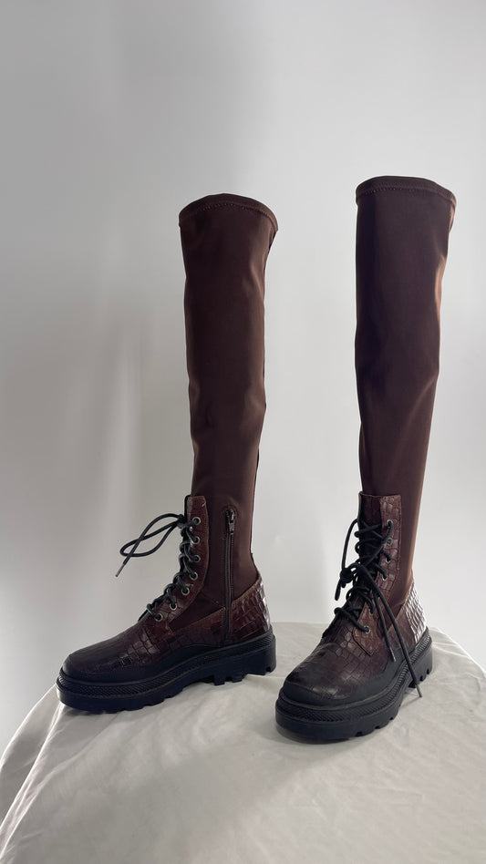 Free People Dark Brown Riding Style Embossed Knee High Platform Boots (37)