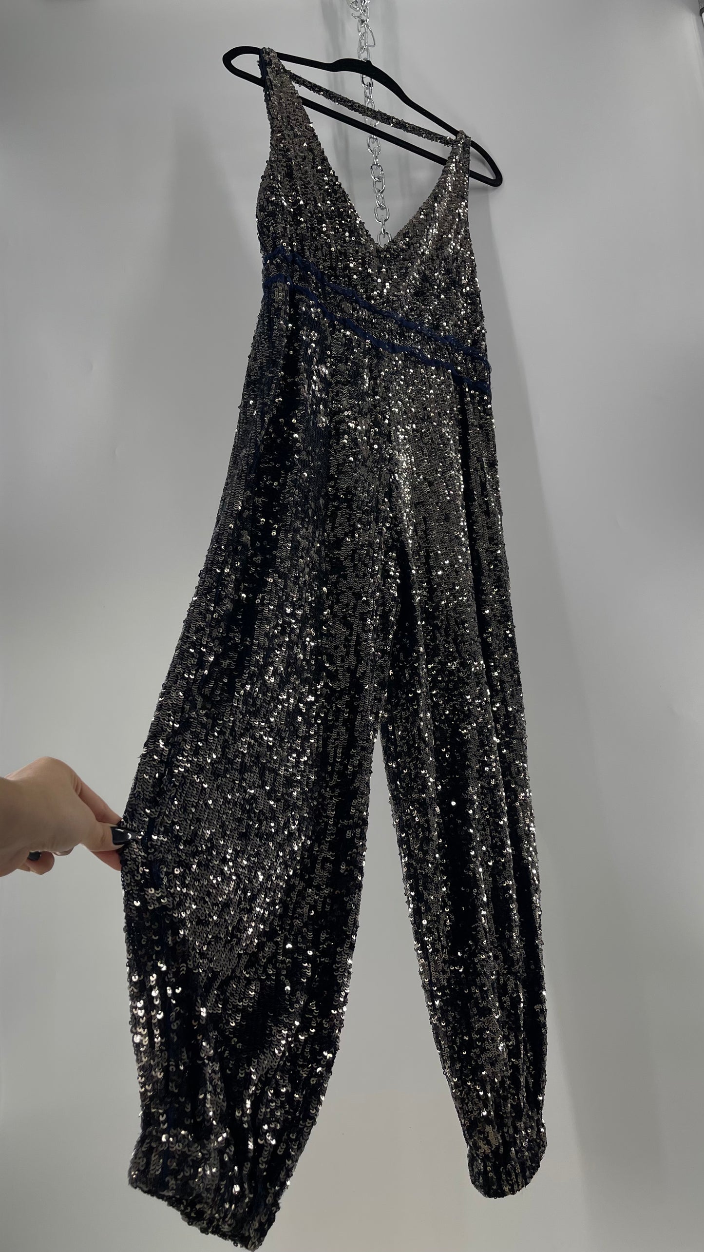 Free People Navy Sequin Jumpsuit (S)
