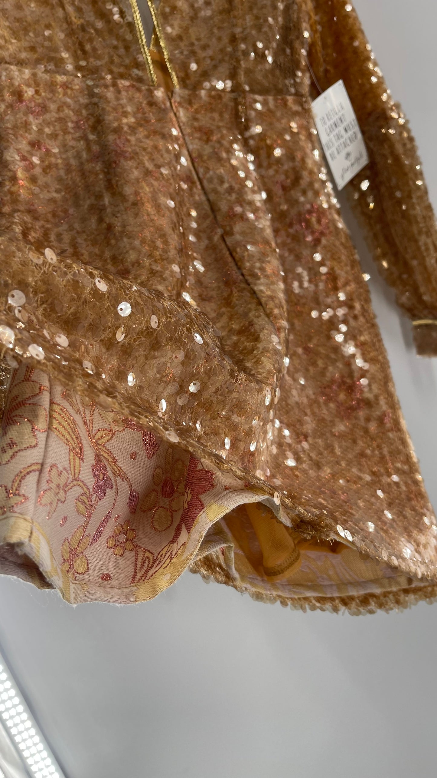 Free People Tapestry Underlay and Gold Sequin Overlay A-Line Mini Dress with Bubble Sleeves
(0)