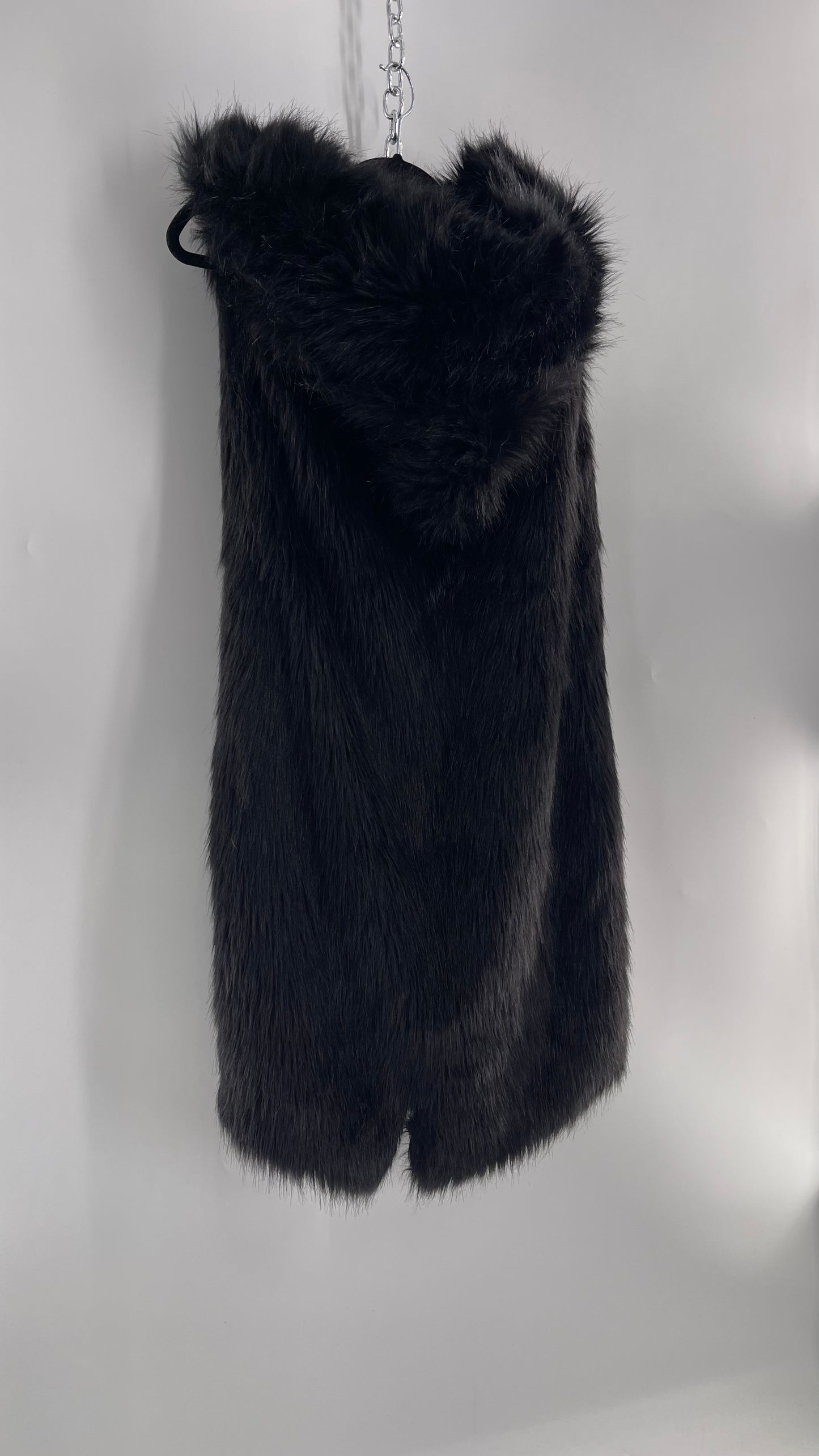 Full Length Black Fuzzy Sleeveless Vest with Oversized Hood (Medium)