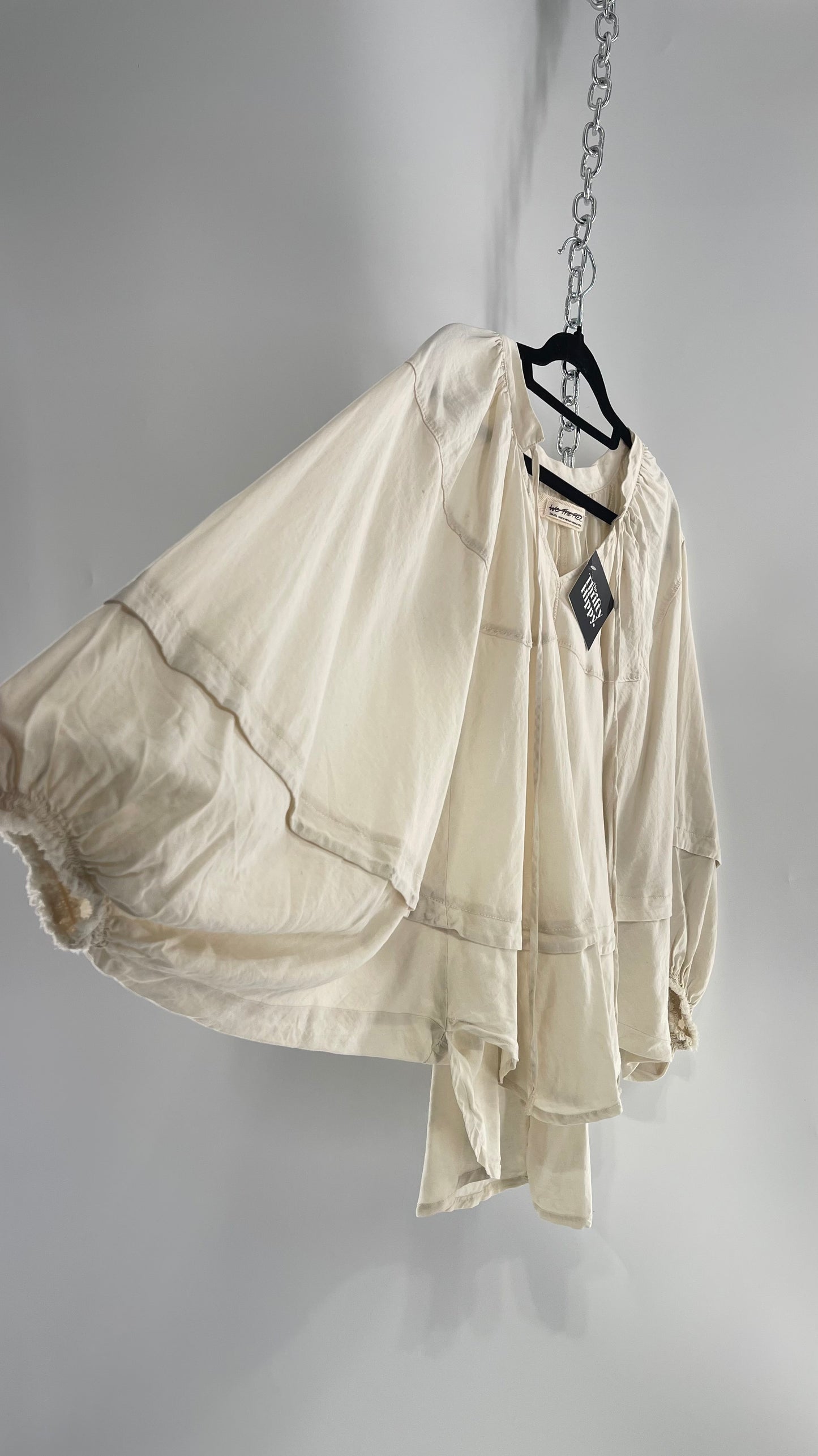 Free People Beige Off White Billow/ Prairie Sleeve Cape Blouse (Small)