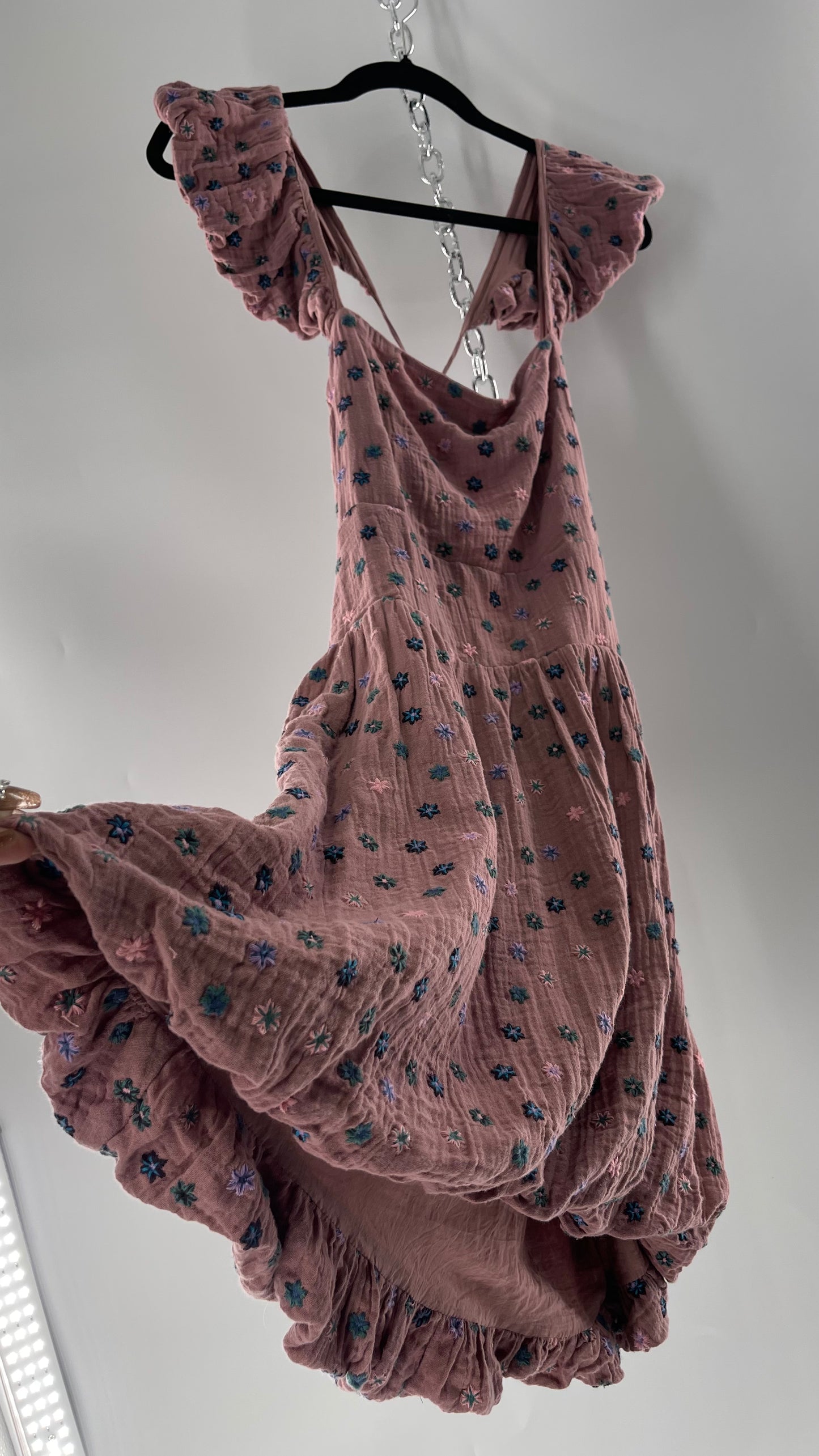 Free People Dusty Pink Embroidered Flowers Backless Mini Dress (Small)