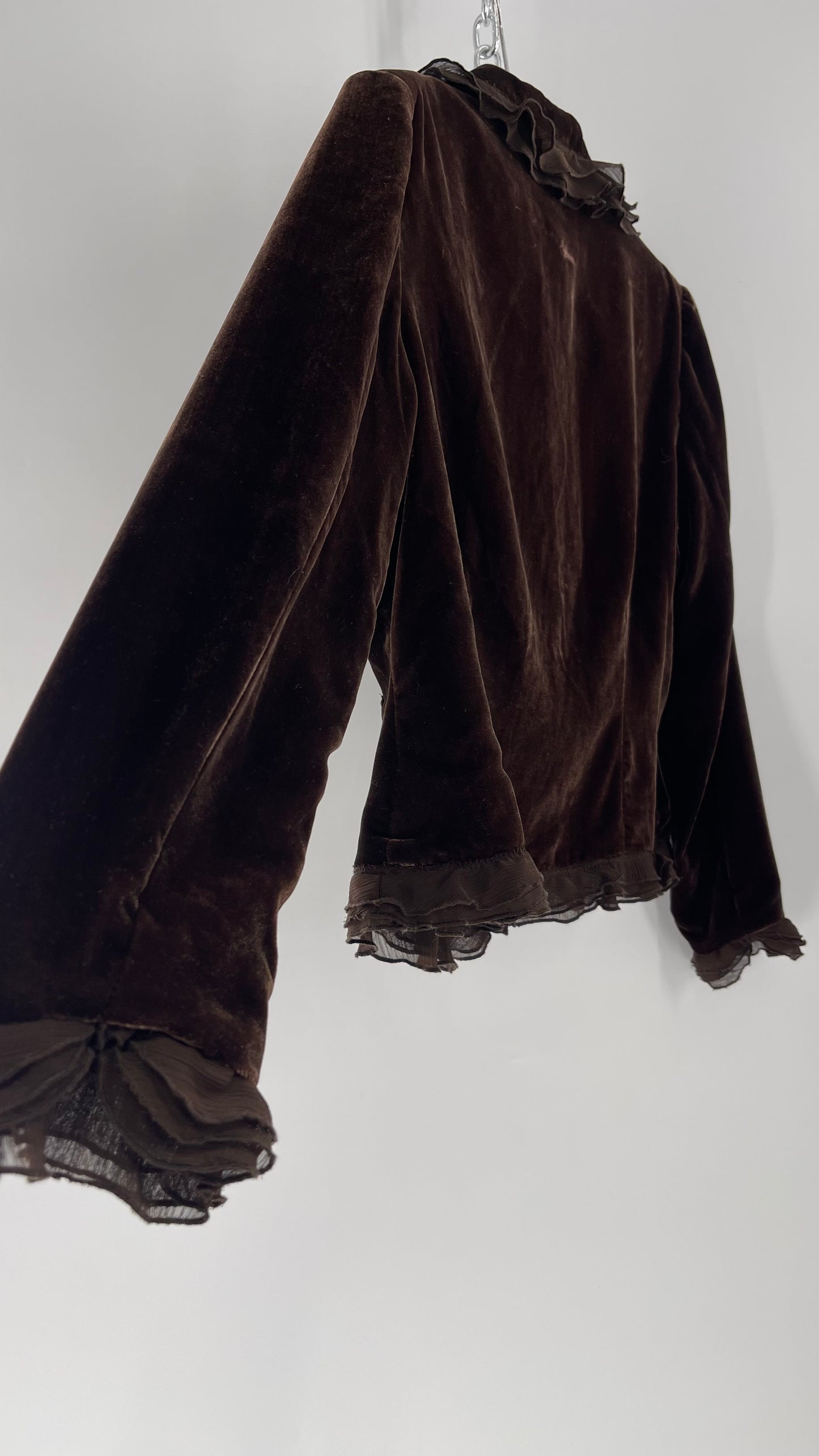 Deadstock Vintage Brown Velvet Anne Carson Blazer with Delicate Crepe Ruffled Hem and Bow Pockets (Medium)