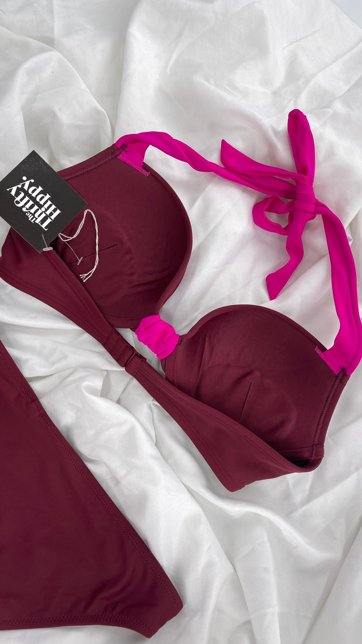 AERIE Burgundy Padded Underwire Swim Top Set with Fuchsia Details (36C/L Bottoms)