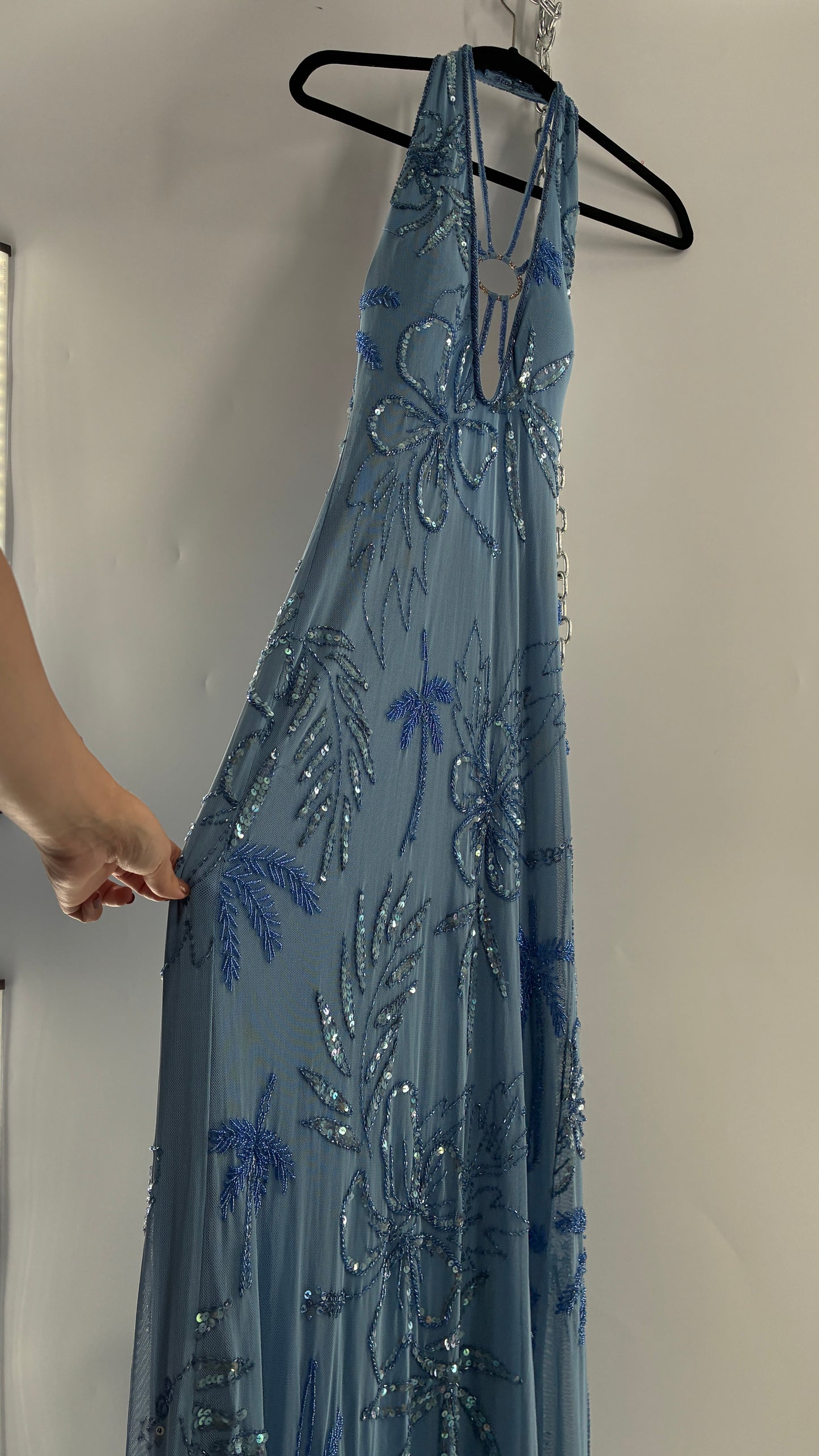 Vintage 1990s Powder Blue Gown Covered in Beaded Appliqué Tropical Designs with Strappy Bust and Low, Open Back (S/M, stretchy no size marked)