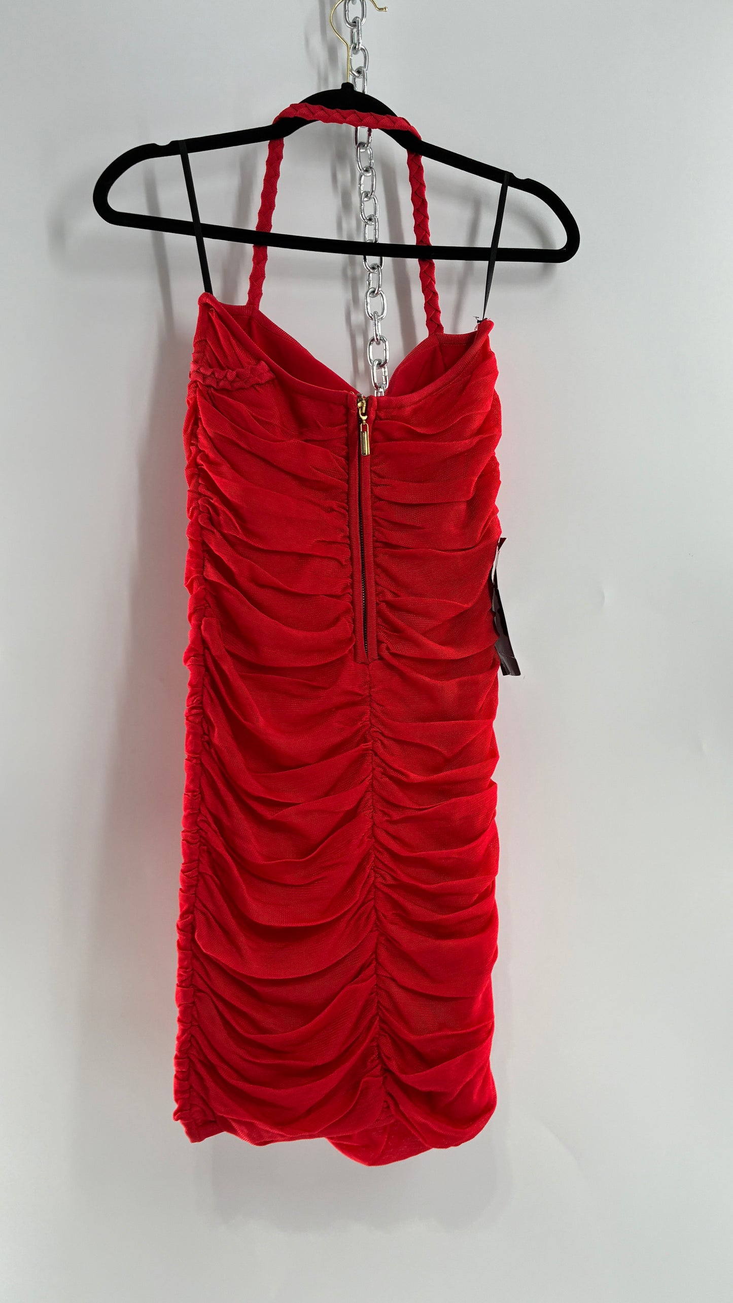 Deadstock Vintage BEBE Red Heavy/Thick Ruched and Roped Mini Dress (Medium)