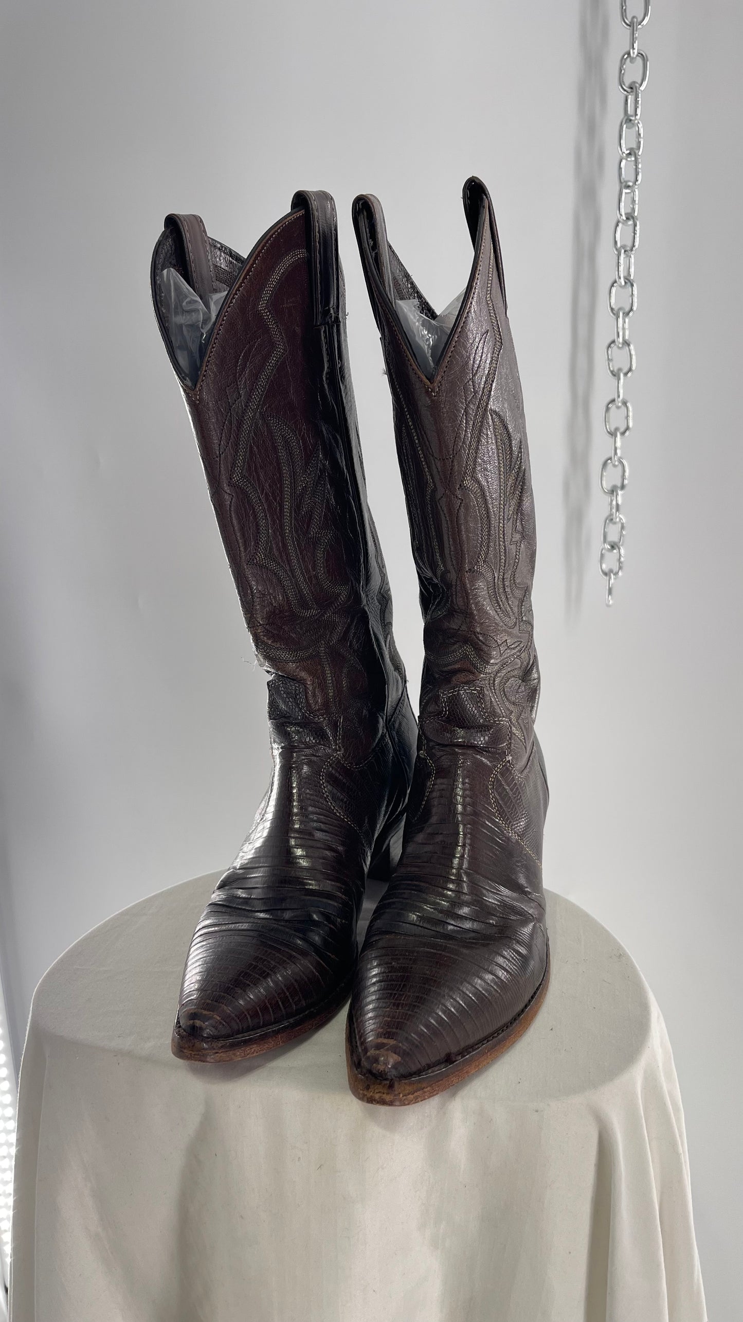 Vintage JUSTIN Dark Brown Leather/Lizard Pointed Toe Cowboy Boots Worn In (7.5)