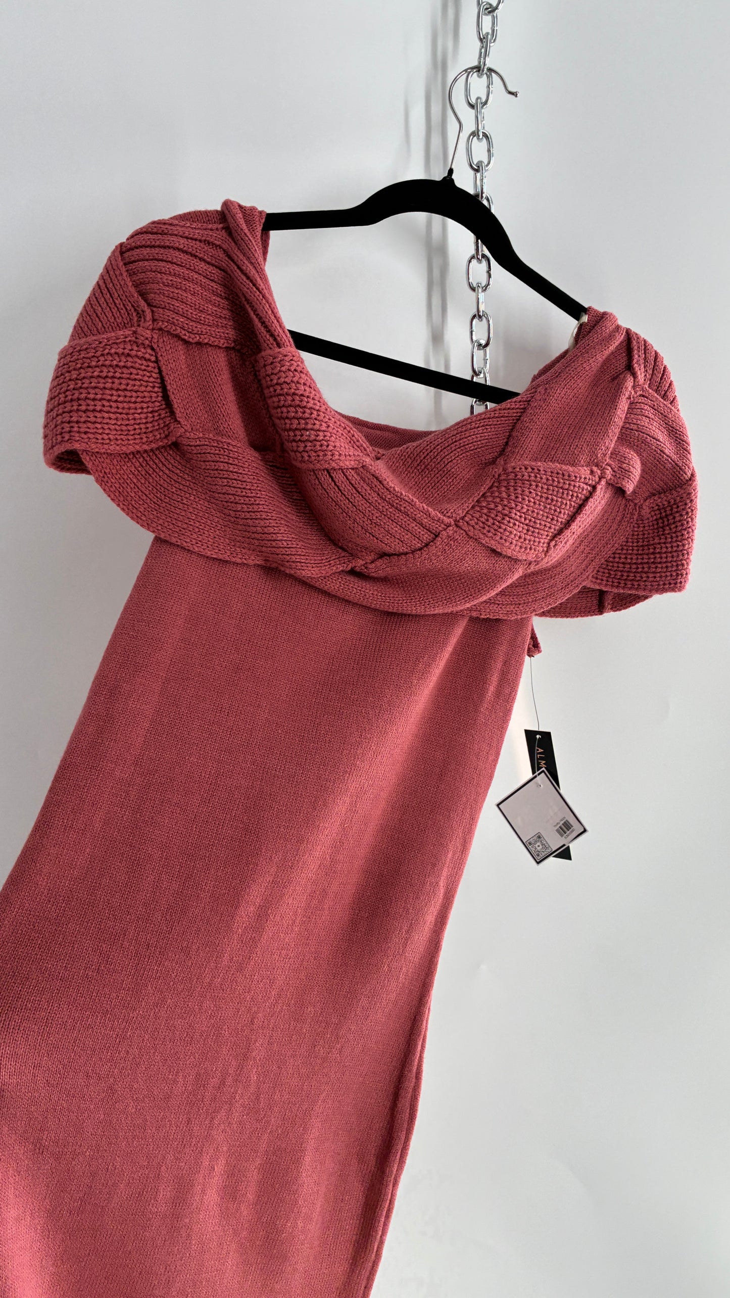 Vintage ALMOST FAMOUS Rosy Mauve Knit Dress with Woven Braided Off the Shoulder Detail and Tags Attached (Large)