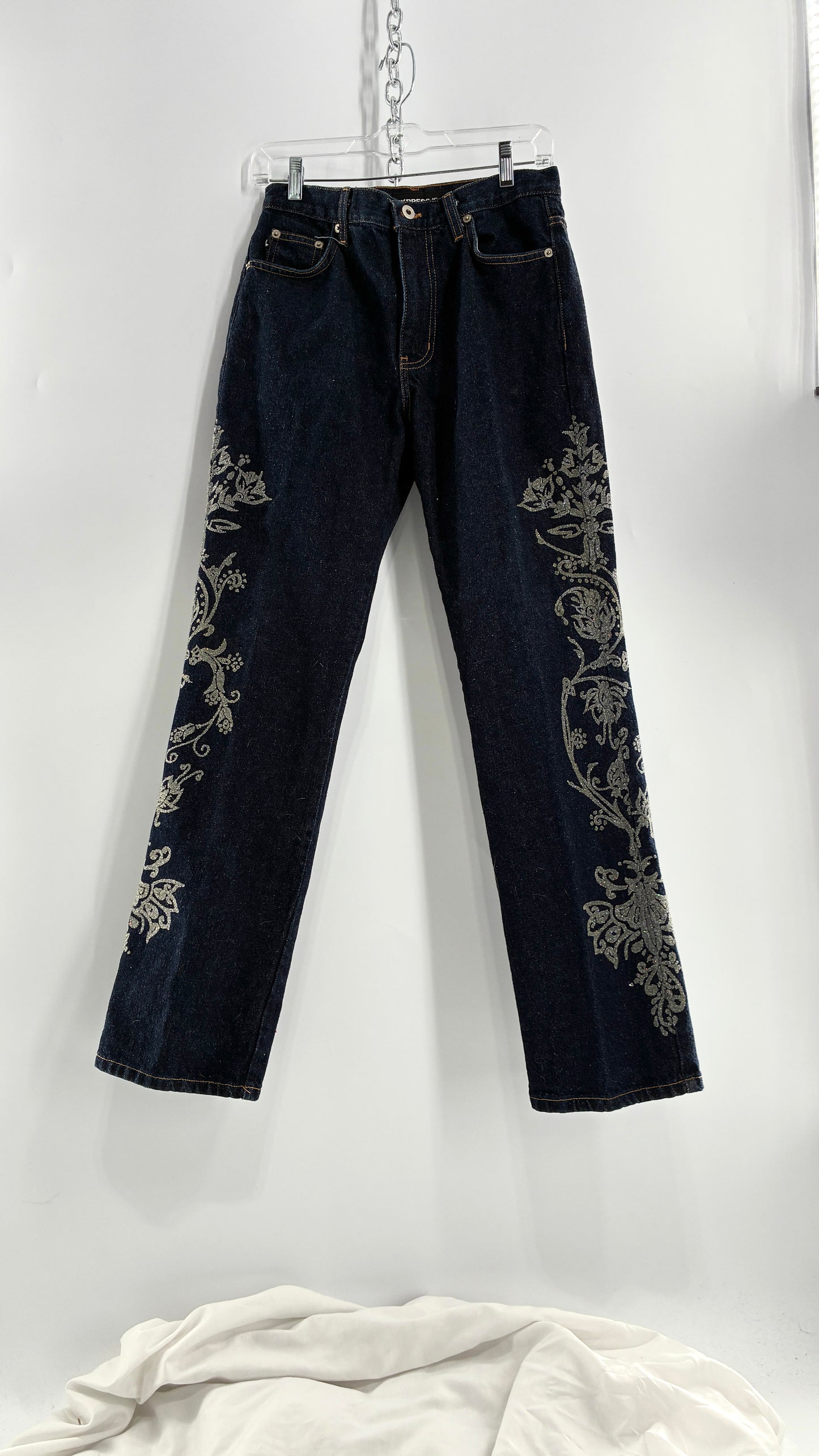 Vintage EXPRESS JEANS Dark Wash with Iridescent, Embellished, Textured Design Running Down Pant Leg (3/4)