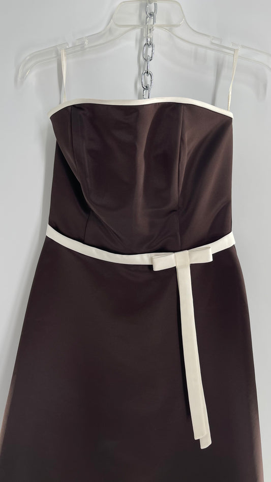 Vintage 90s Style Scott McClintock Dark Brown Satin A-Line Dress with Straight Bust Line (6)