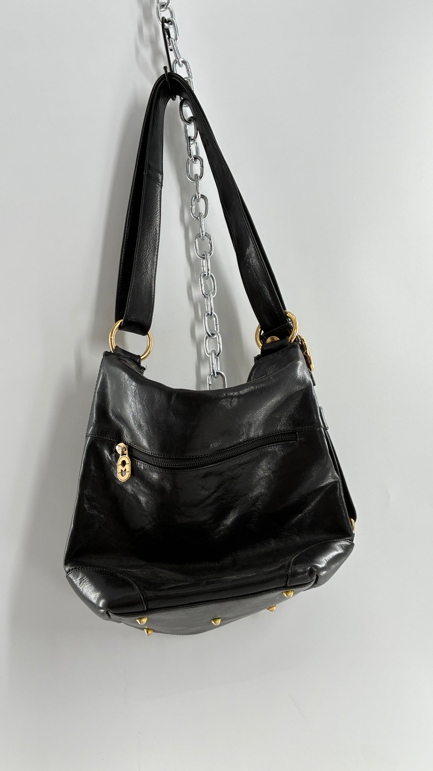 Vintage MARINO ORLANDI Black Leather Purse Made in Italy with Gold Embossed Hardware