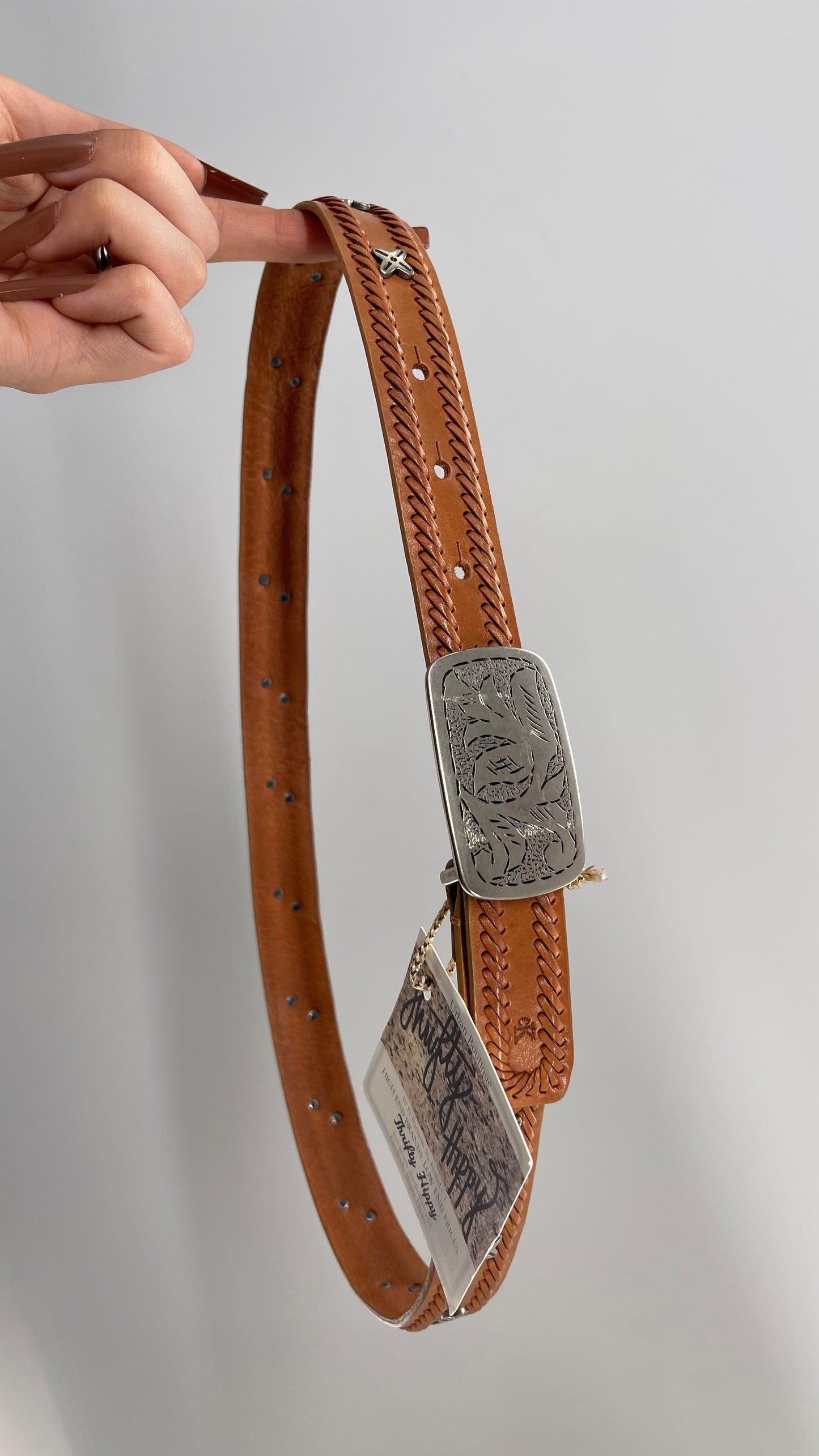 Vintage Calvin Klein Engraved Buckle, Woven Leather Rodeo Belt (Small)
