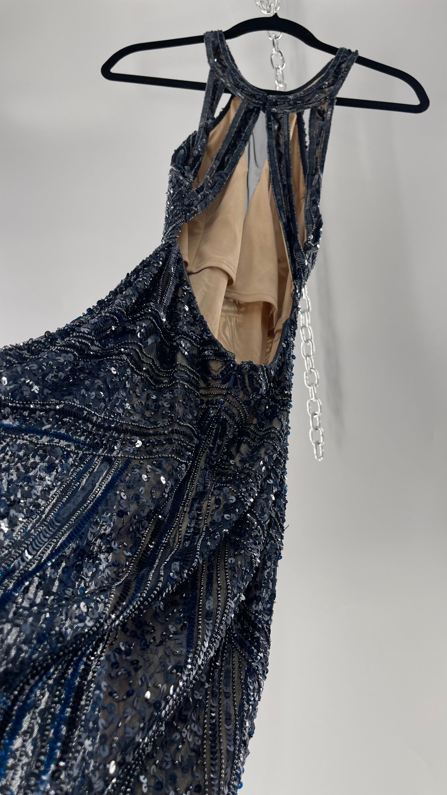Vintage SCALA Navy Blue Beaded Floor Length Gown with Plunging Neckline, Backless Detail, and Tan Underlay (C)(4)