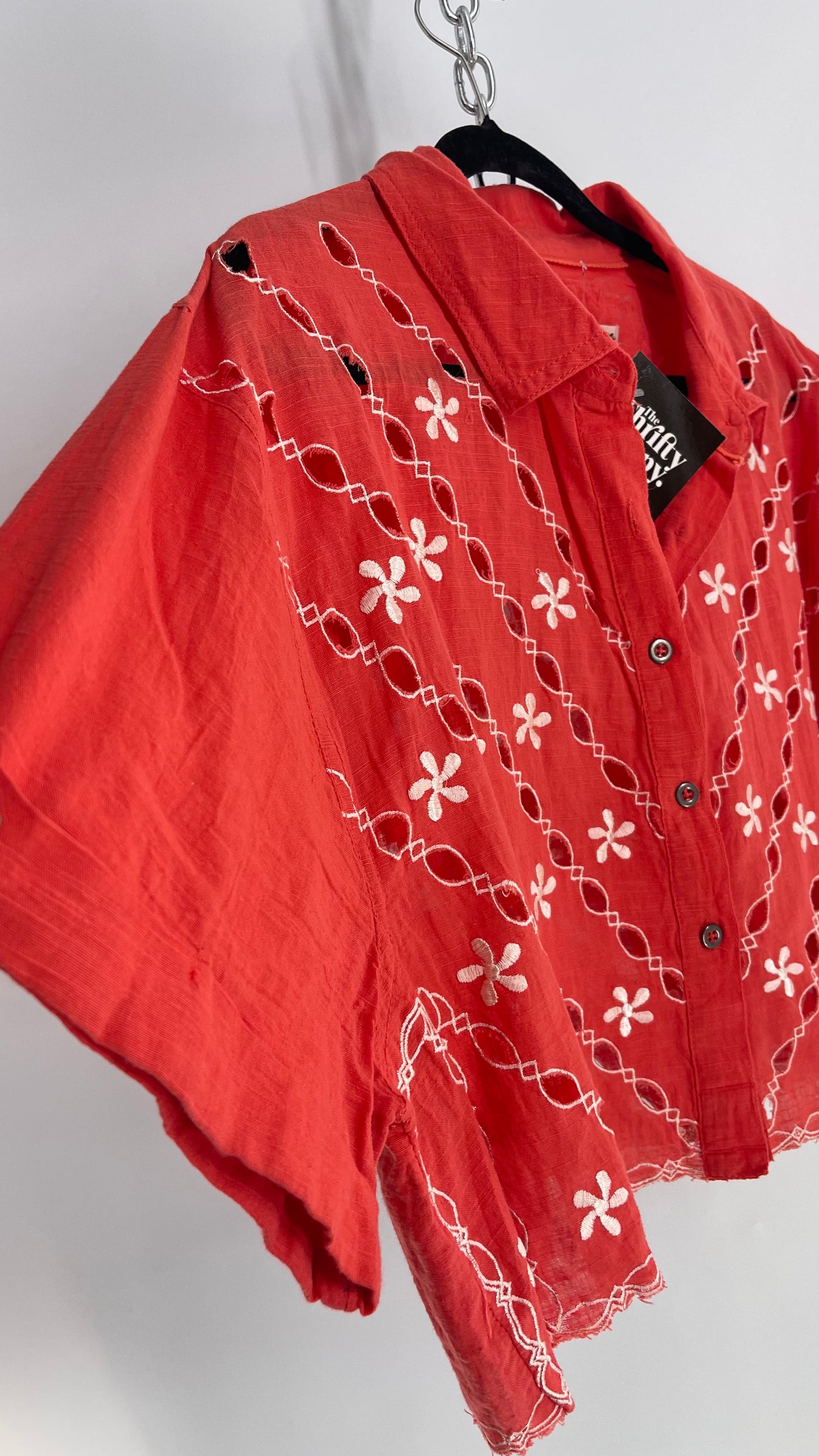 Free People Coral Top with White Eyelet Lace Embroidery (XL)