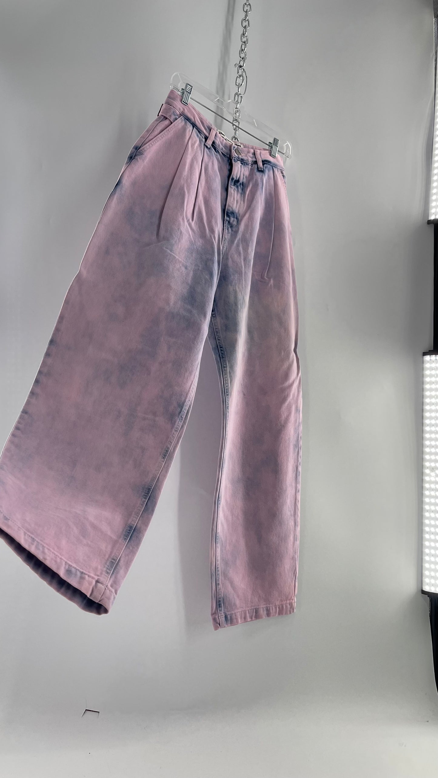 The Open Product Pink/Blue Acid Wash Jeans with Waist Pulls and Pleats (1)