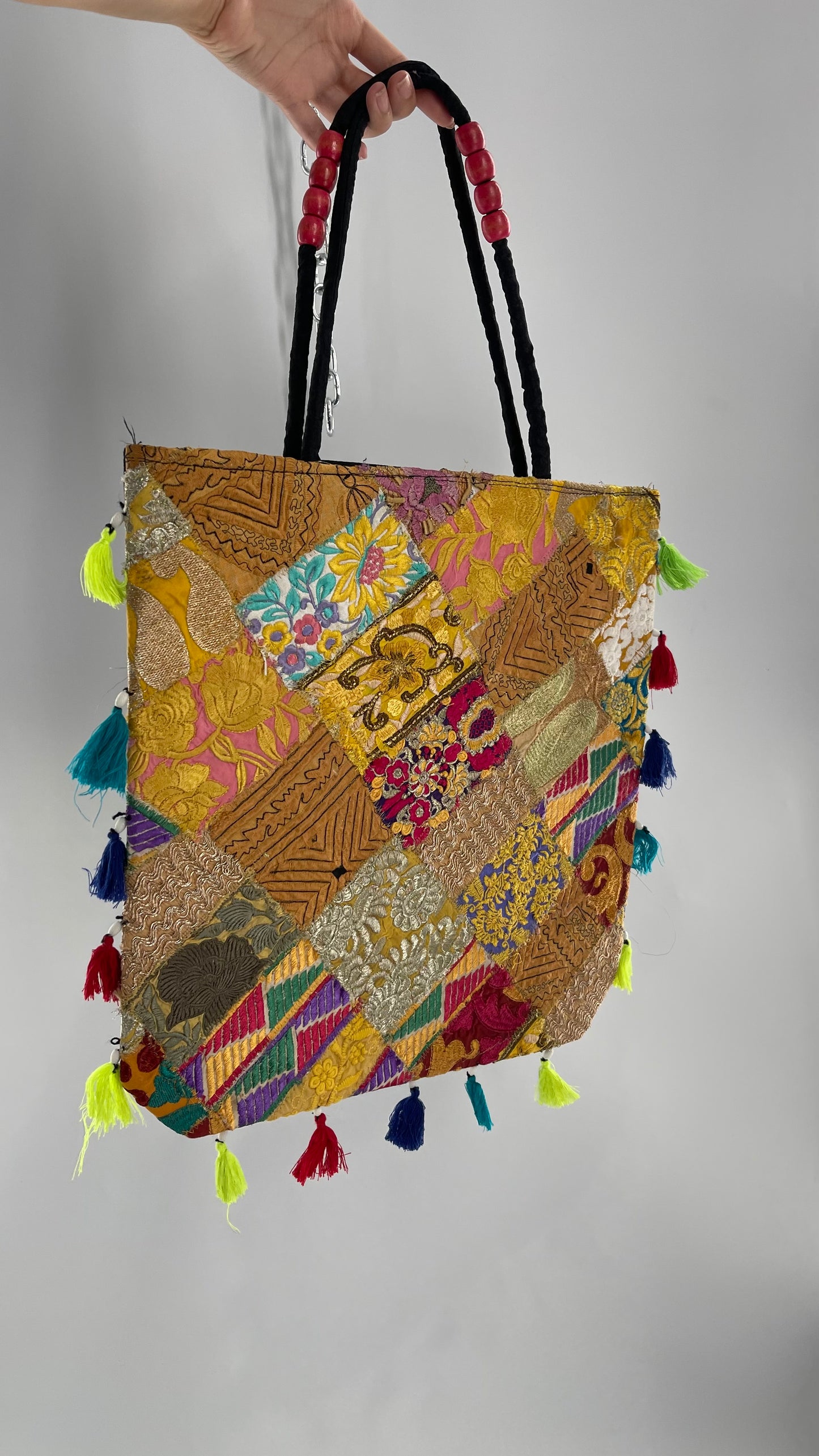 Imported Golden Yellow Patchwork Tote from Brazil with Tassel Detailing