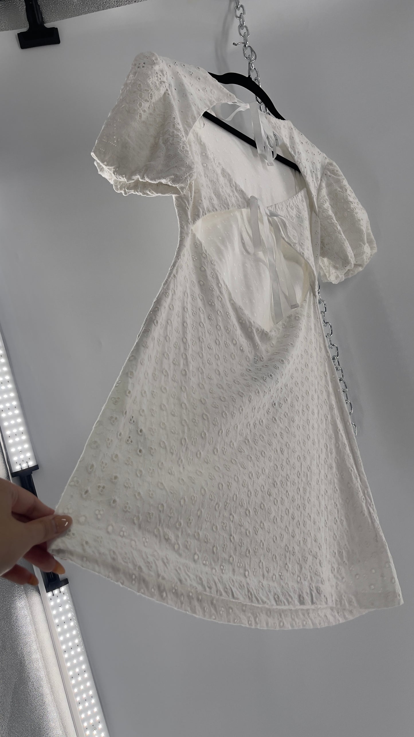 Free People White Eyelet Mini Dress with Puff Sleeve and Open Back (XS)