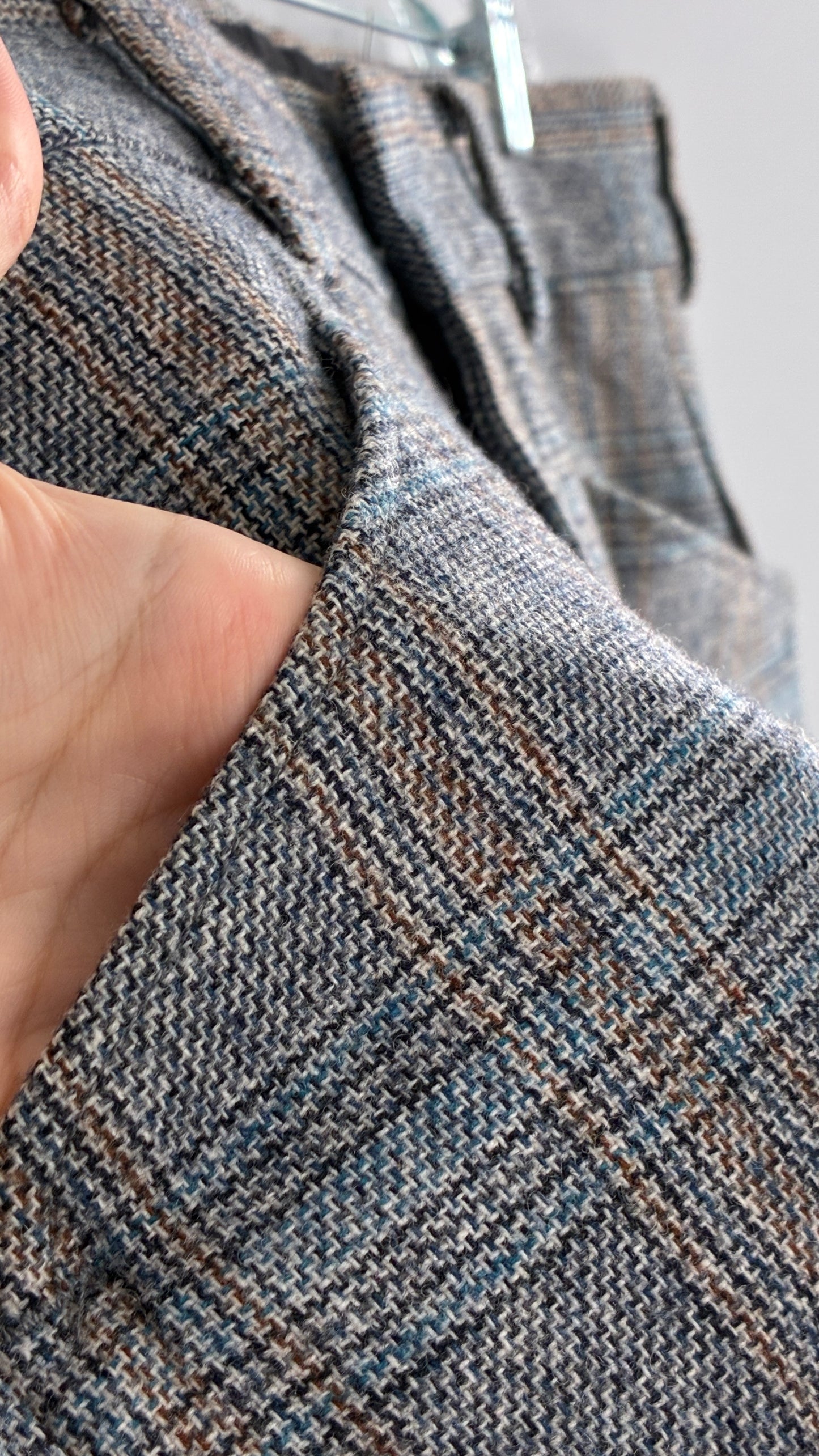 Vintage Handmade Wool Blend Woven Men’s Tailored Trousers with Grey Blue Plaid Pattern (35x32)