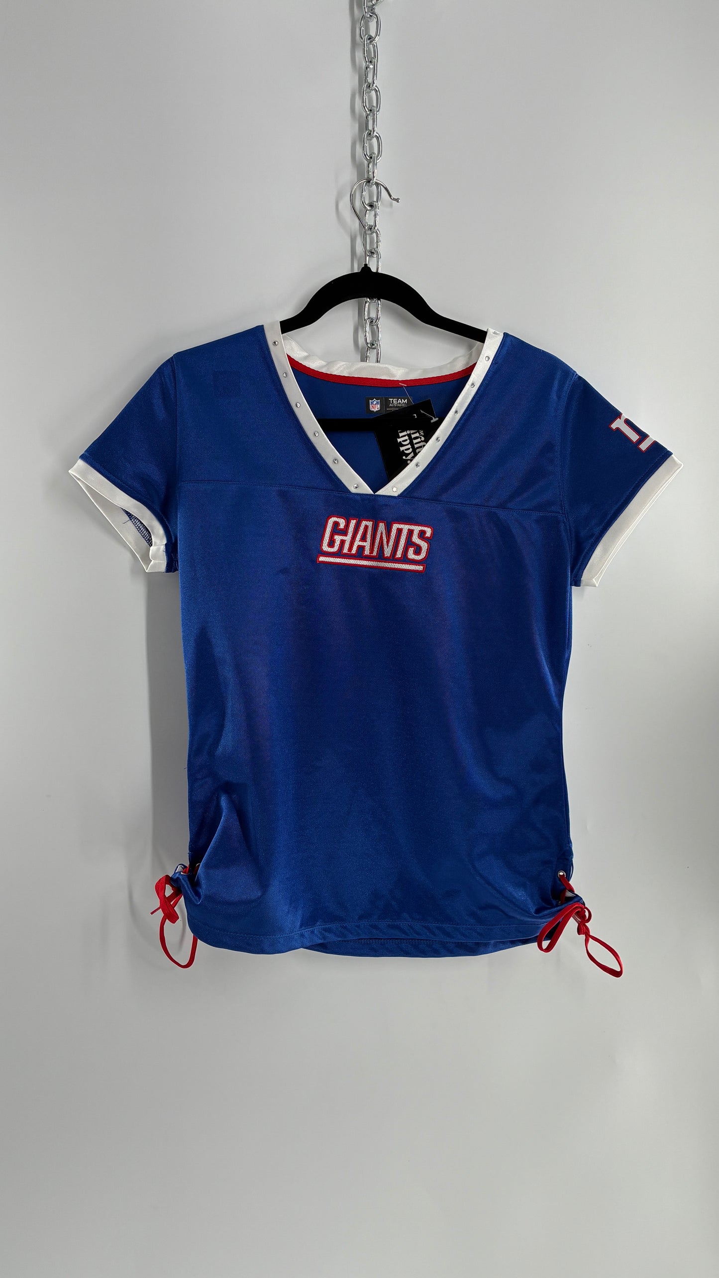Vintage GIANTS NFL Ribbon Tie Side Jersey with Rhinestone Details (Large)