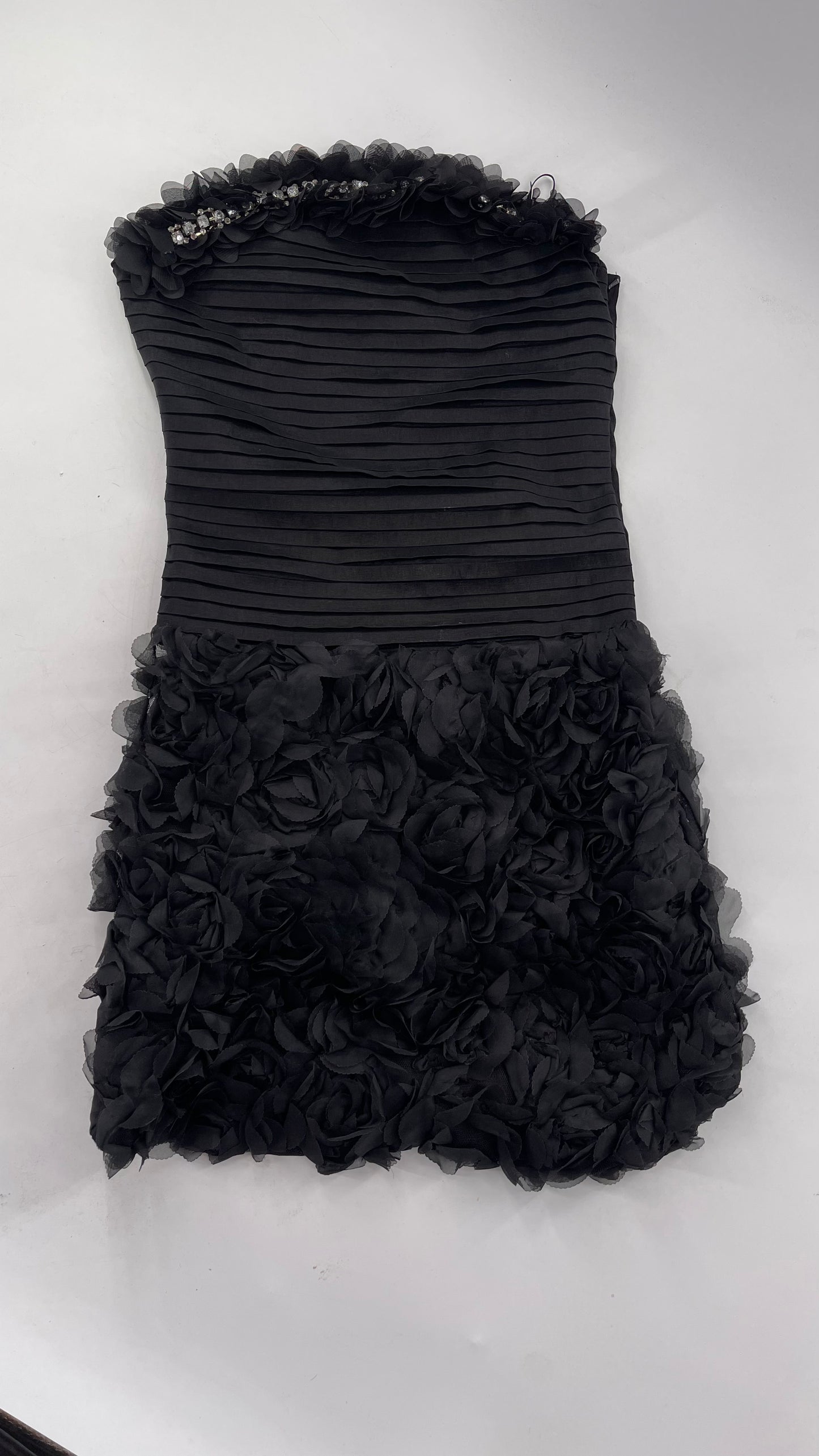 C.O:GWBG Black Dress with Pleated Bodice, Floral Ruffled Skirt and Bedazzled Bustline (S/M)
