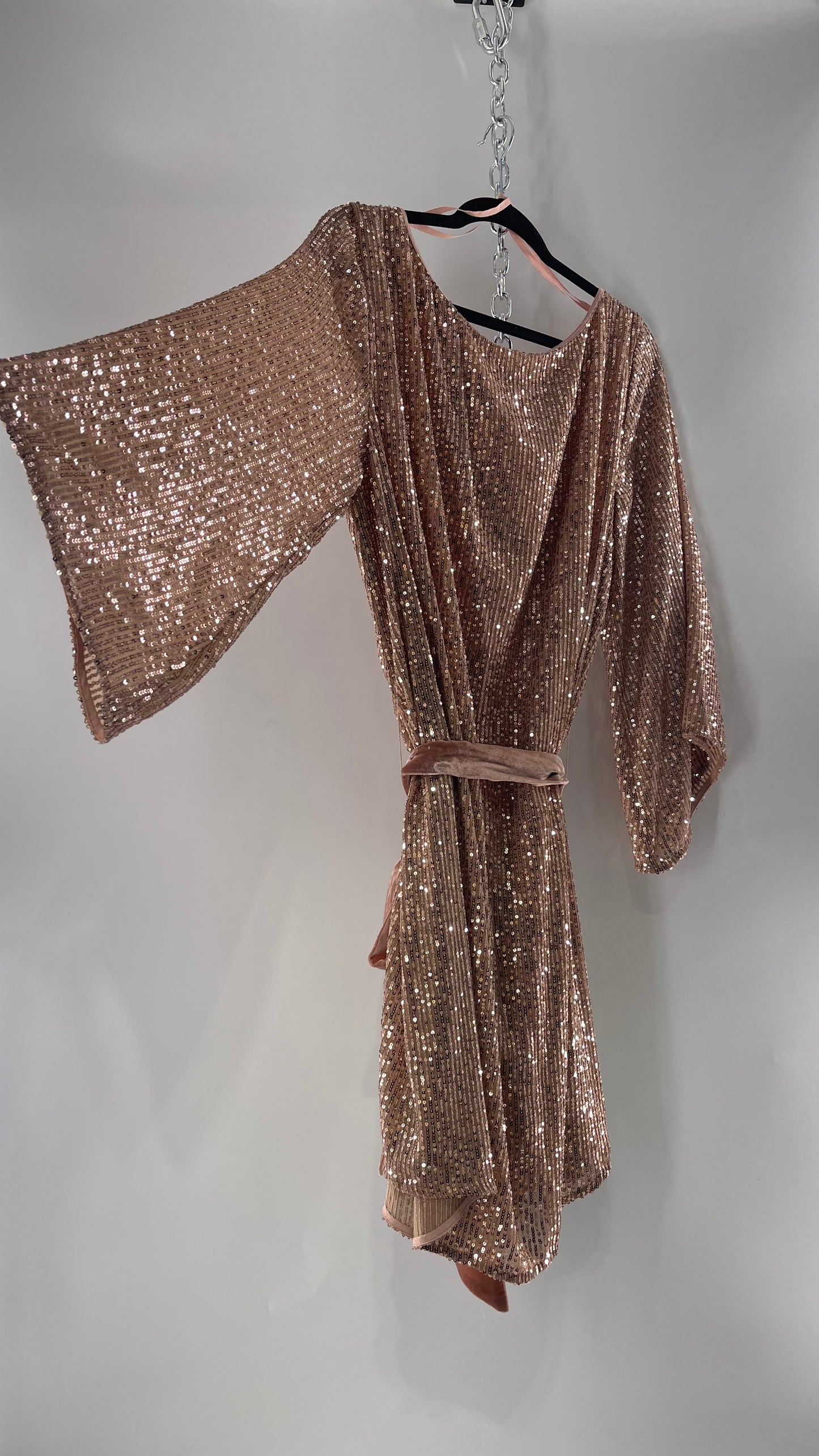 Anthropologie Rose Gold Sequin Dress with Velvet Waist Belt and Tags Attached (XL)