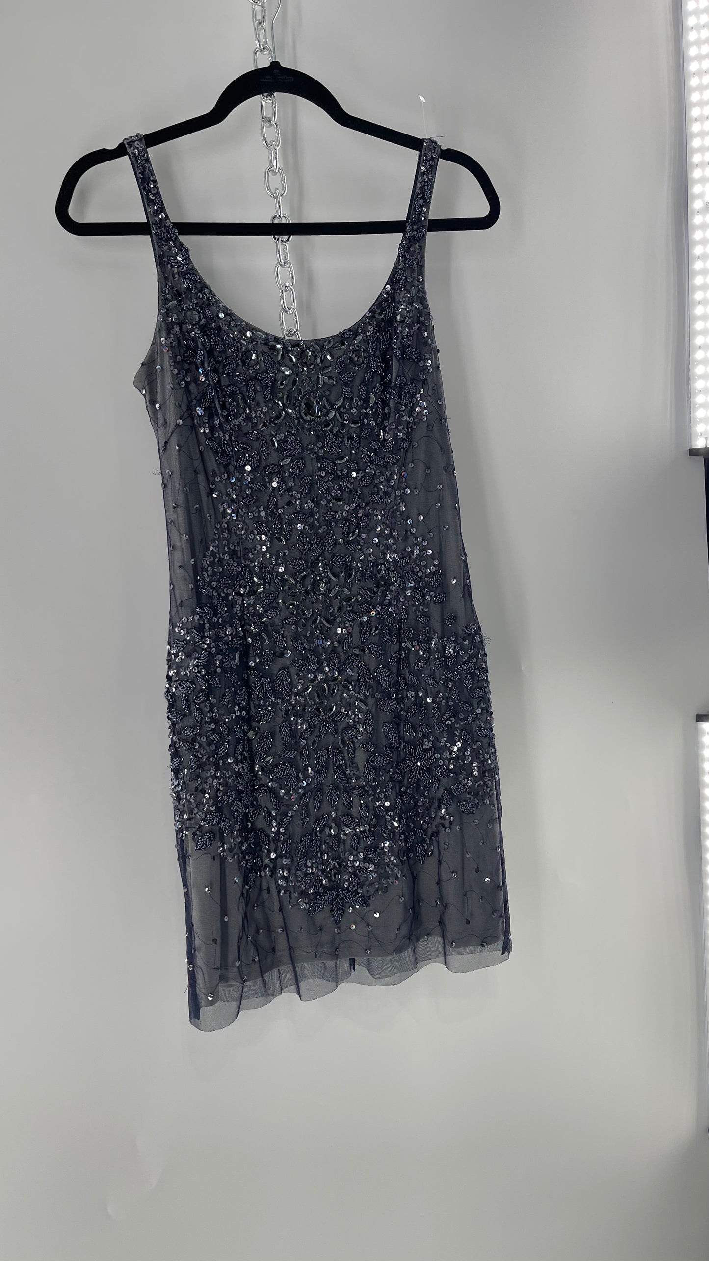 Vintage Cache Moonlight Grey/Navy Blue Tunic Mini Dress with Accentuating Placement of Beads, Sequins and Embroidery Details (2)