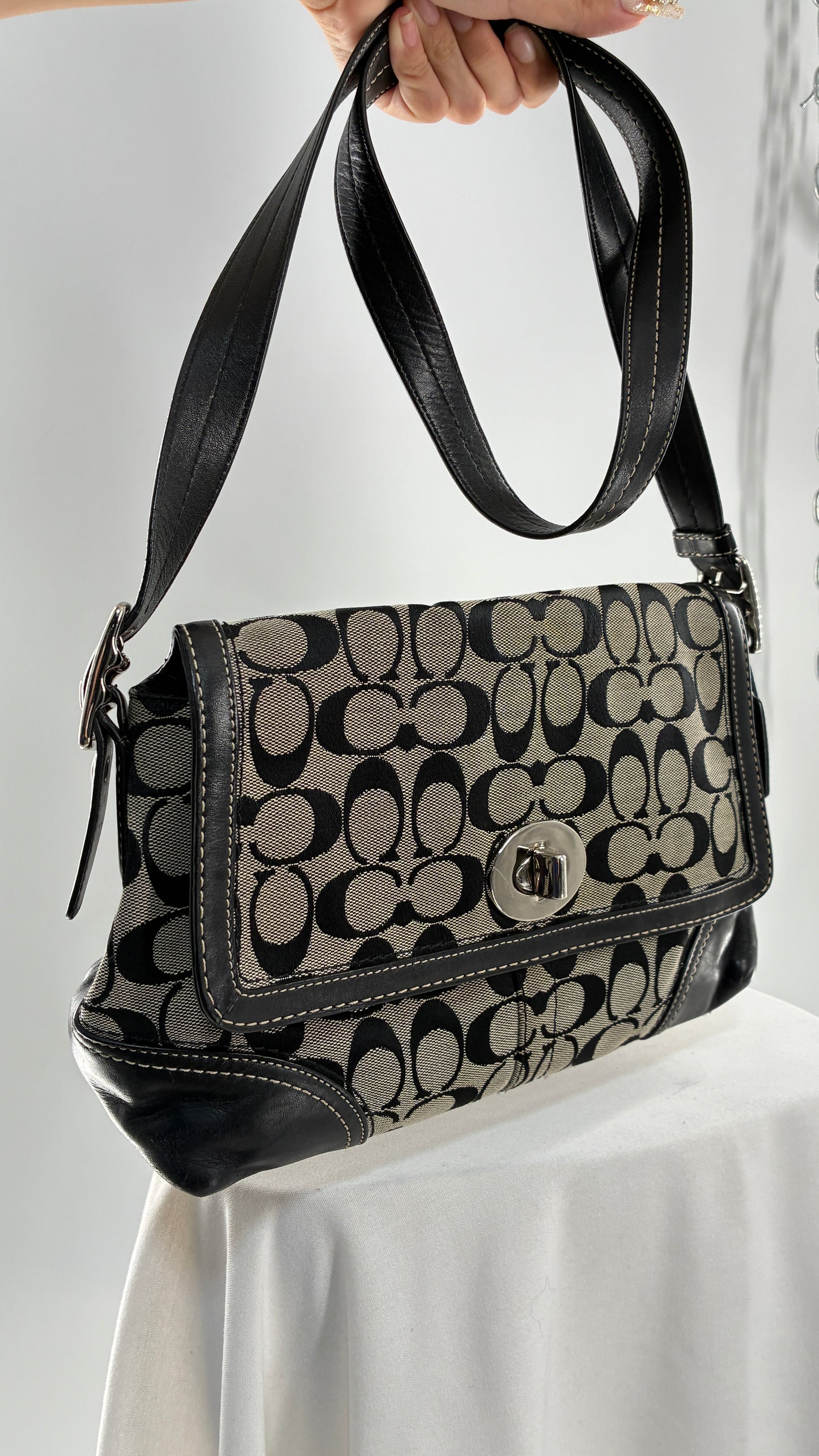 Vintage COACH Hampton Gray and Black Monogram Shoulder Bag
